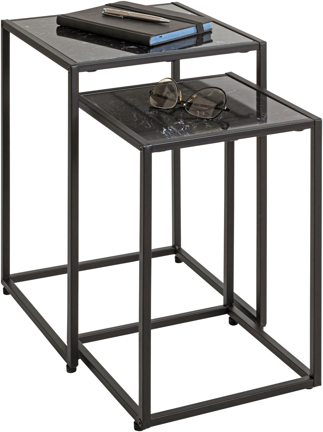 HAKU Beistelltisch "Sofatisch, Wohnzimmertisch" Set, 2er Set, 2 Stk. tlg. quadratisch - aus Kunstmarmor Schwarz B/T/H 28/28/43 und 33/33/50 cm