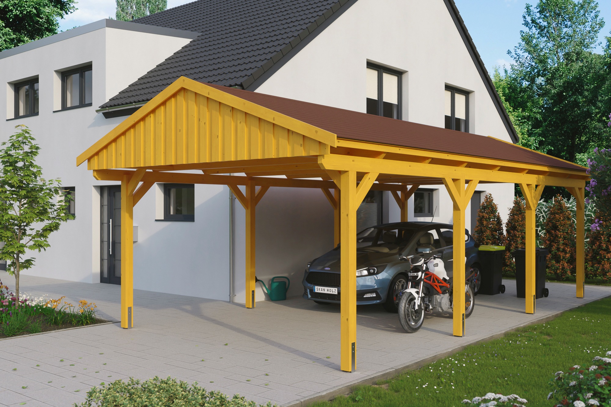 Skanholz Einzelcarport "Fichtelberg" Massivholz hellbraun mit roten Schindeln