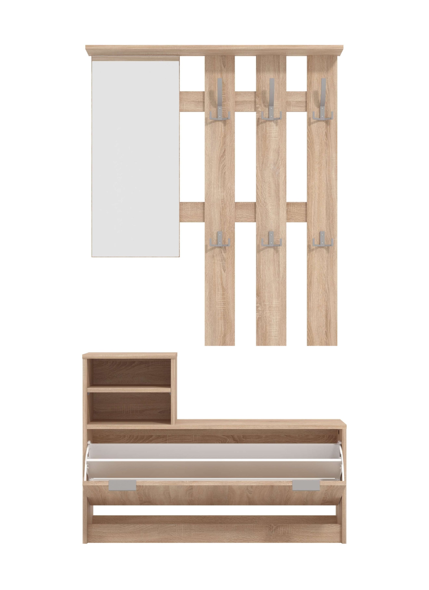 INOSIGN Garderoben-Set »Ravenna Flurgarderobe, Dielenschrank, Kompaktgarderobe, Breite 100 cm«, (Komplett-Set, 2 St.), inkl. Schuhschrank und Garderobenpaneel, mit Klapptür, Spiegel, Haken