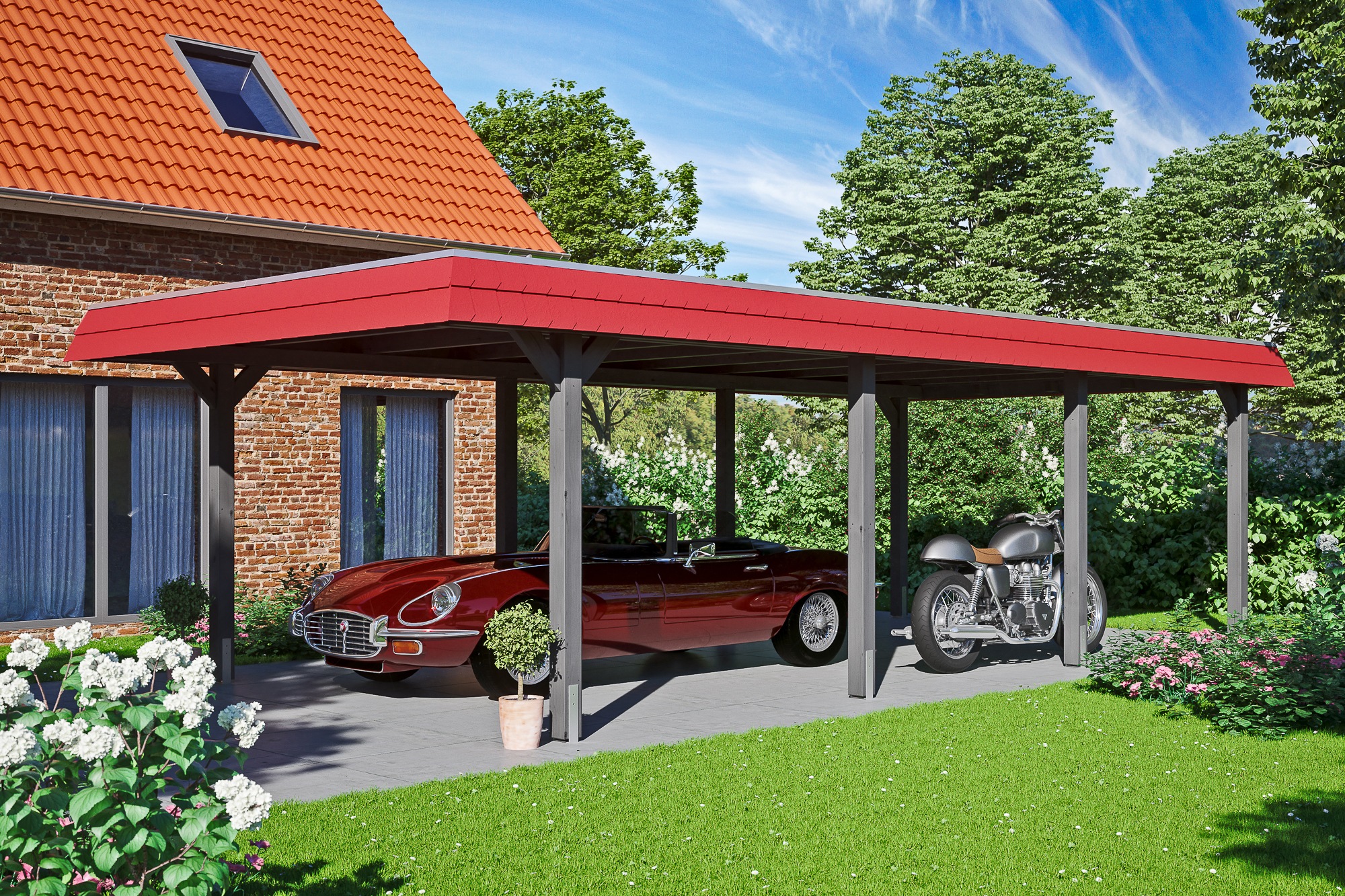 Skanholz Einzelcarport »Wendland«, Leimholz-Fichte, 341 cm, Schiefergrau, mit EPDM-Dach, rote Blende
