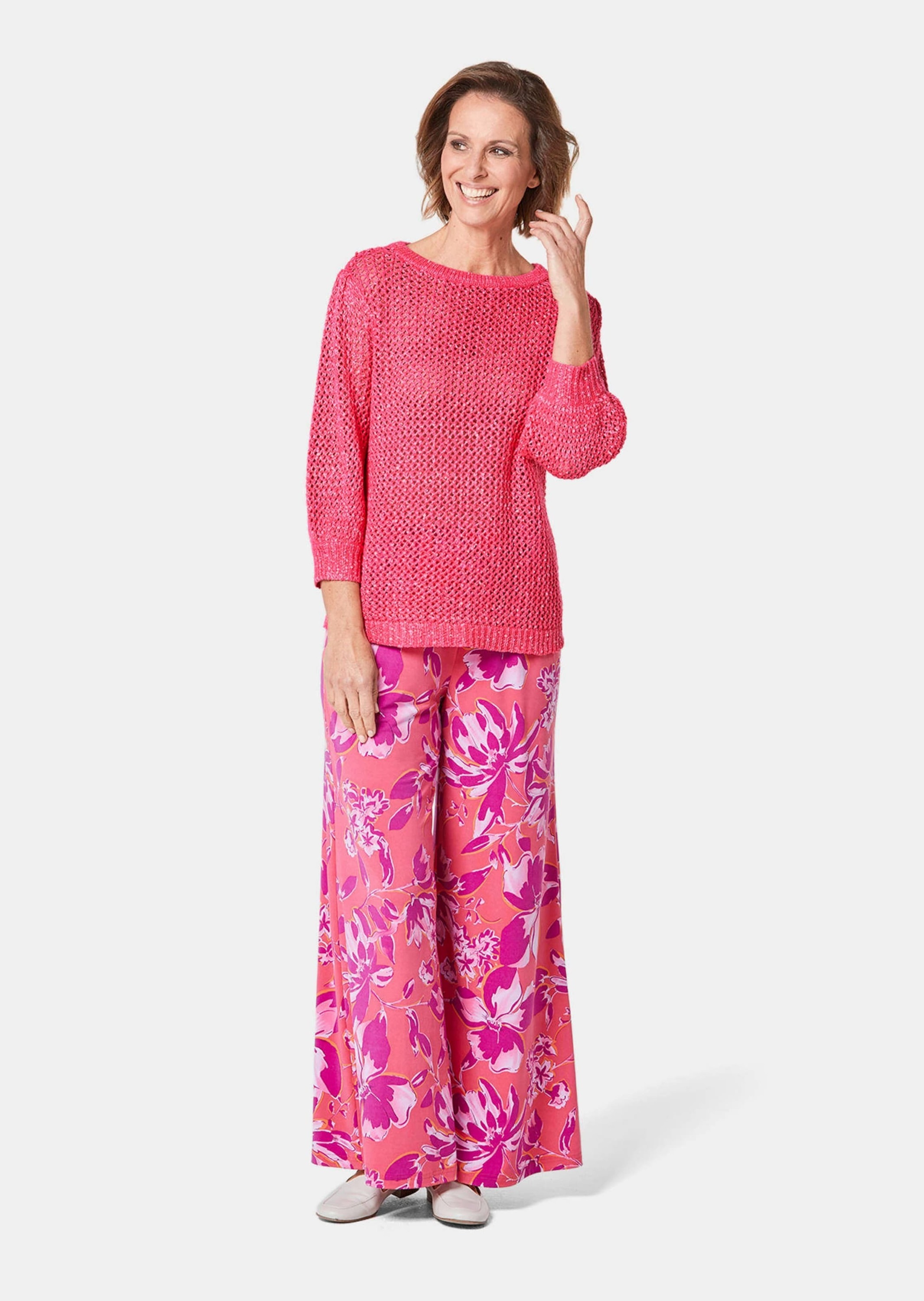 Goldner Plus Size Short Length Sequin Mesh Crewneck Sweater Pink 3