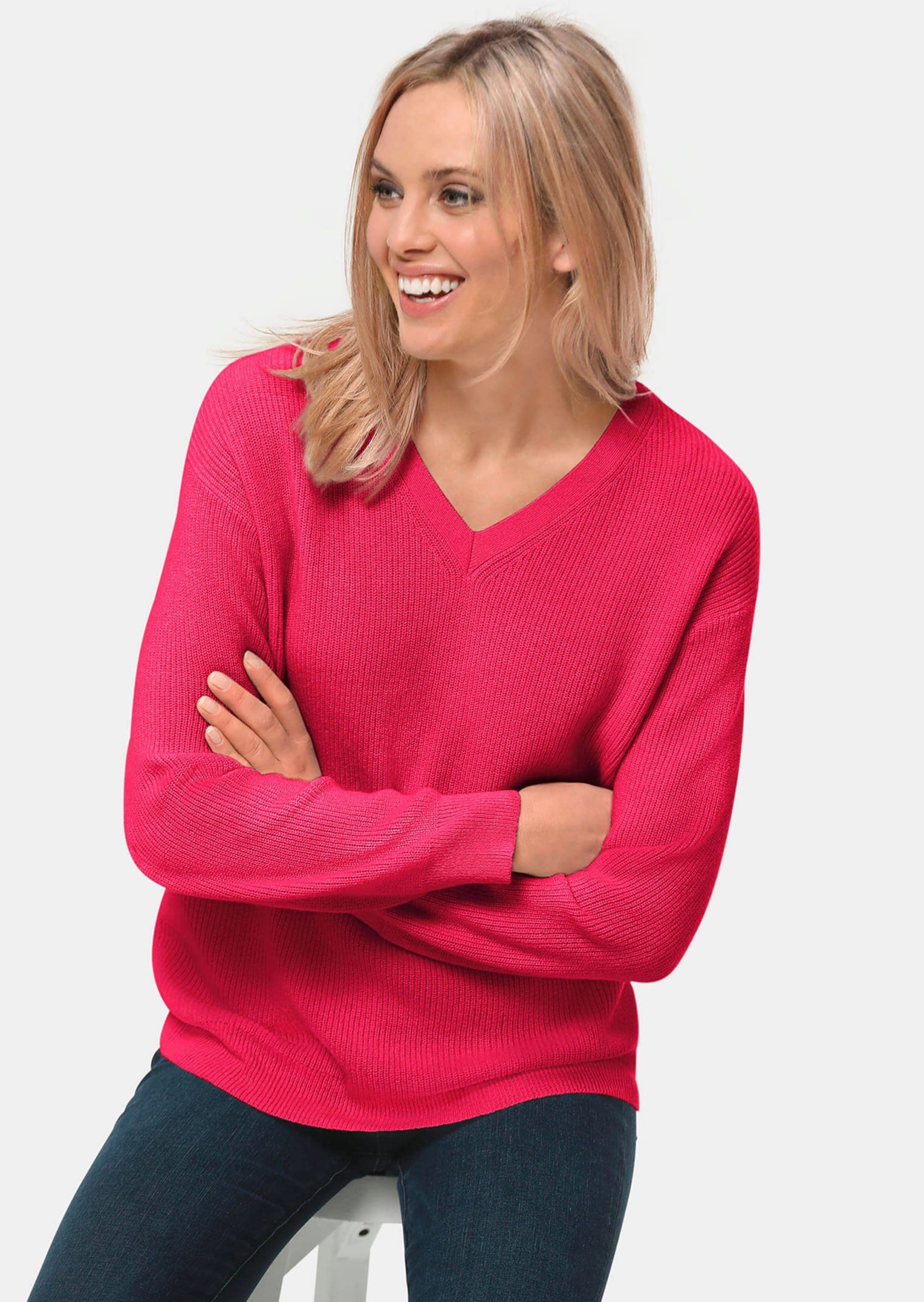 GOLDNER Strickpullover »Kurzgröße Kaschmirpullover in Patentstrick mit V-Ausschnitt«