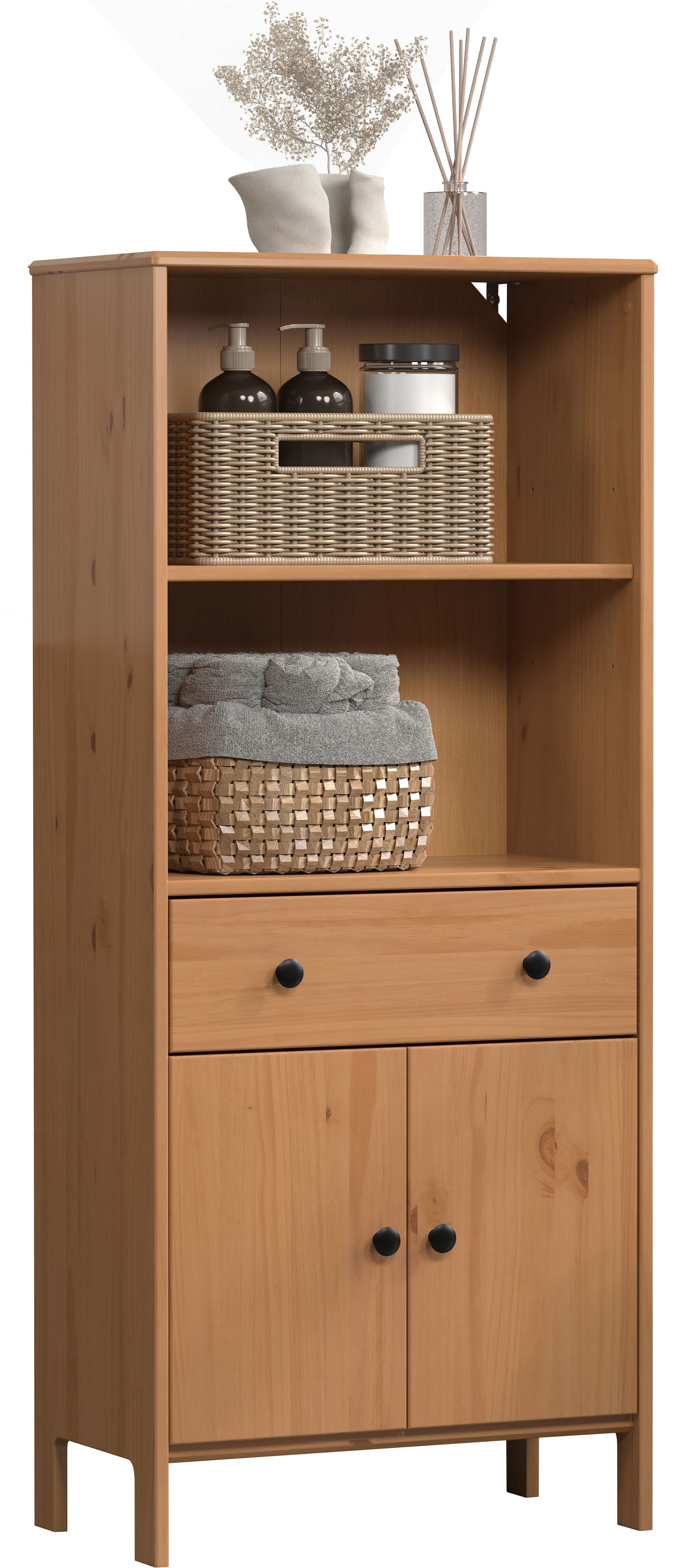 Thumbnail - welltime Midischrank "Kall" 1 Stk. tlg. Breites Badregal aus Kiefer-Massivholz - Weiß oder Braun lackiert