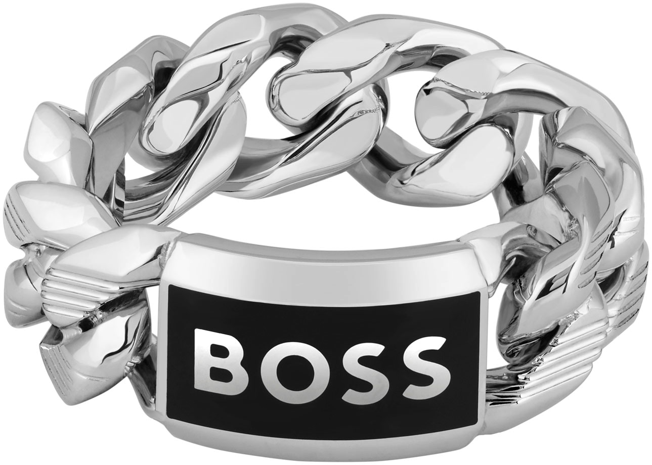 Fingerring BOSS "KASSY EMBLEM" Gr. 64, schwarz (edelstahlfarben, schwarz), Fingerringe, Herren, 64, Edelstahl, 10mm, Fingerring, mit Emaille