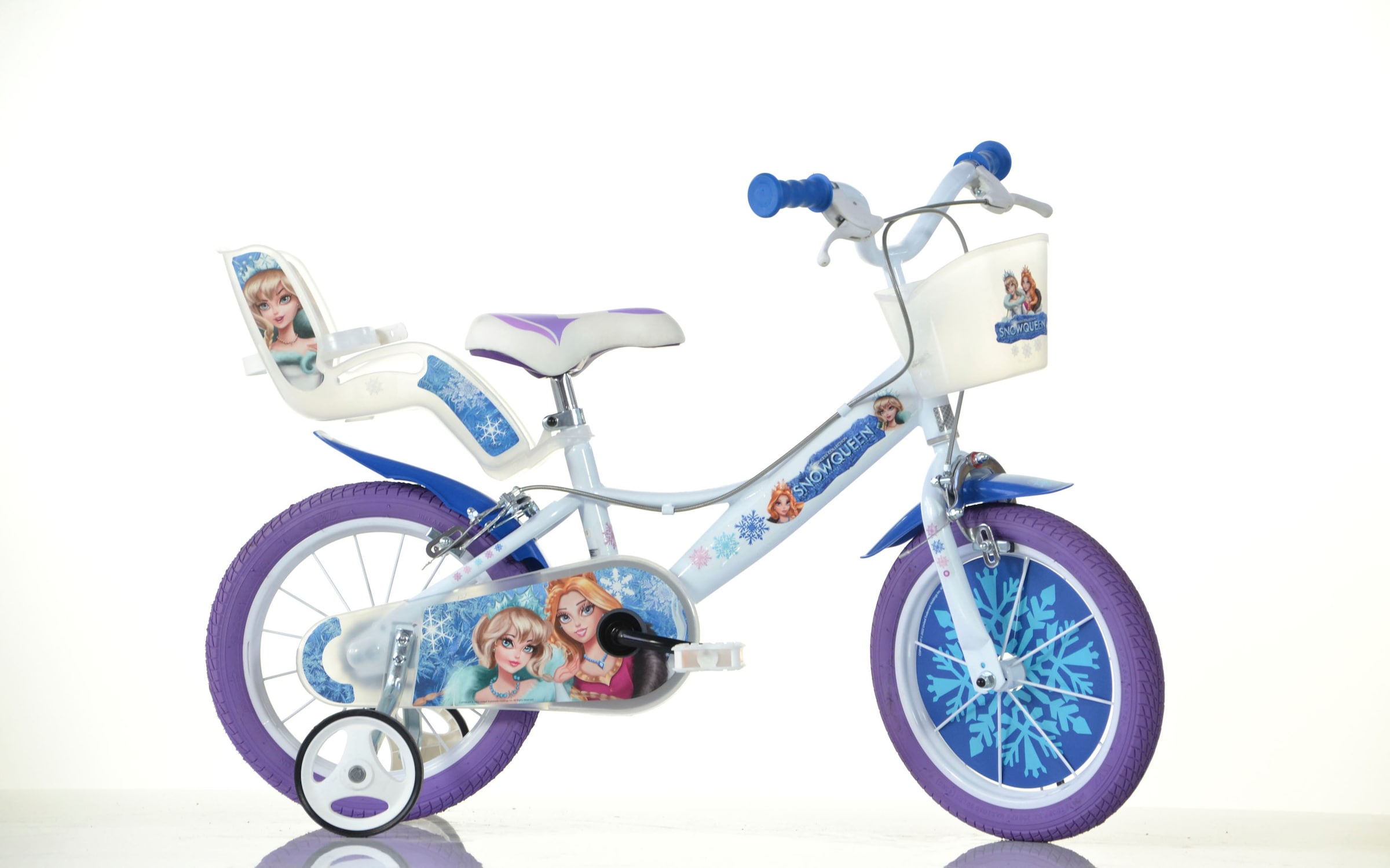 Dino Kinderfahrrad "Snow Queen Eiskönigin", 1 Gang, mit Stützrädern, Korb und Puppensitz