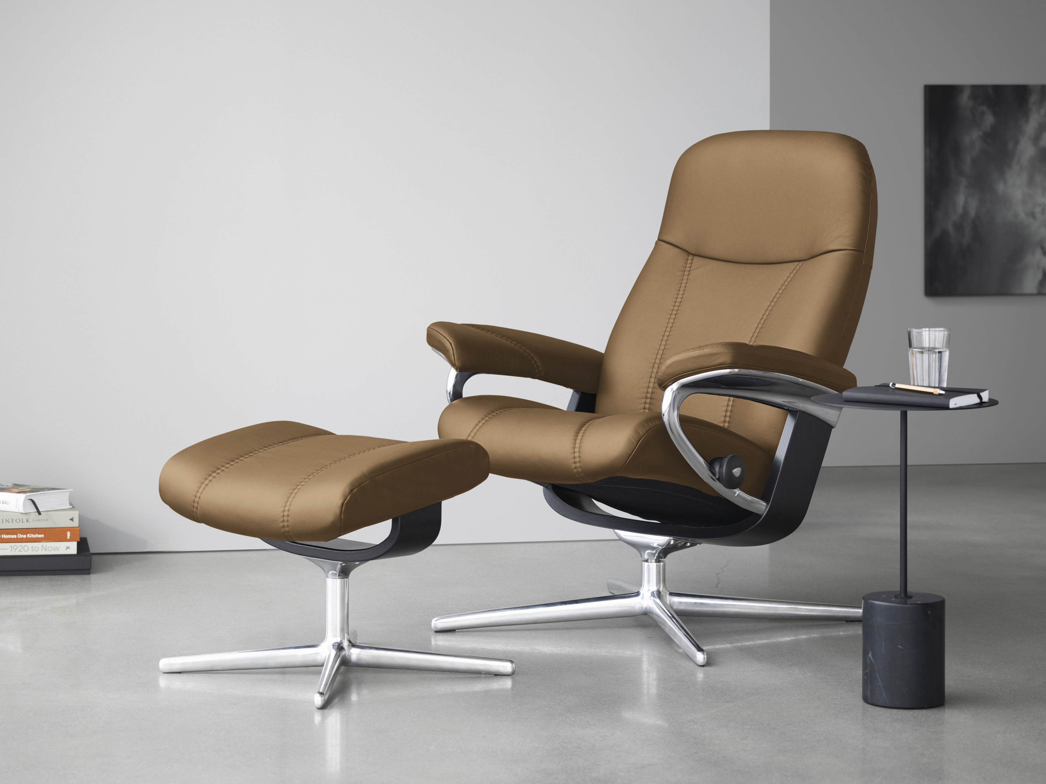 Stressless Relaxsessel "Consul" Set, Relaxsessel mit Hocker, mit Hocker, mit Cross Base, Größe S, M & L, Holzakzent Schwarz