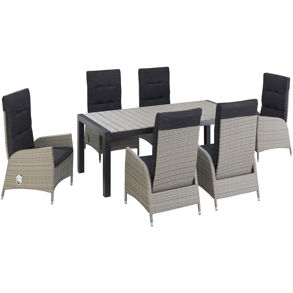 KONIFERA Garten-Essgruppe »Alva«, (Set, 13 tlg., 6x Stuhl, 1x Tisch ausziehbar 205-275 cm, inkl. Auflagen), Aluminium, Polyrattan, Rückenlehnen stufenlos verstellbar, Grau