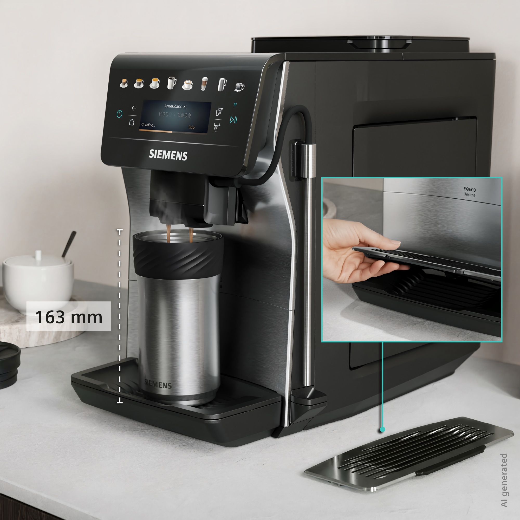 SIEMENS Kaffeevollautomat »EQ600 TP605EM3, 8 Getränke, XL-Getränke, bis zu 480ml, Kannenfunktion« bis zu 10 Favoriten, Doppeltassenfunktion, Keramikmahlwerk, Edelstahl