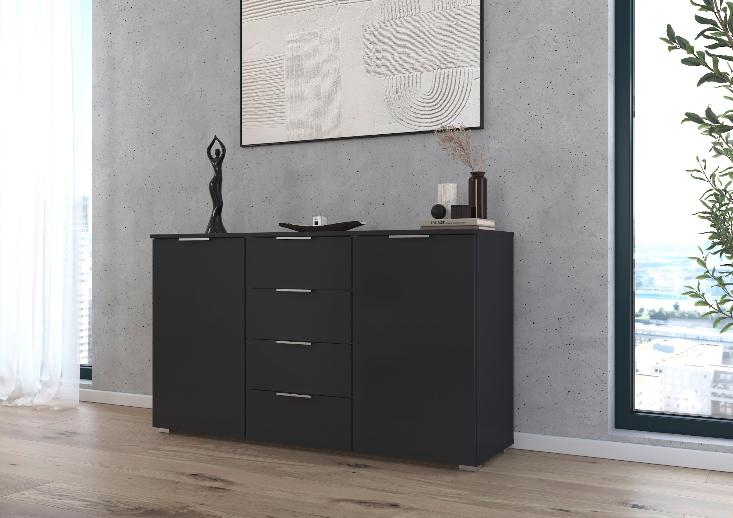 rauch Kombikommode »Sideboard Schubladenkommode AGORDO mit Dekor- oder Hochglanzfront«, (in zwei Griff-Farben, Breite 120 cm inkl. Soft-Close-Funktion), vier große Schubladen, mit insgesamt 4 Einlegeböden MADE IN GERMANY
