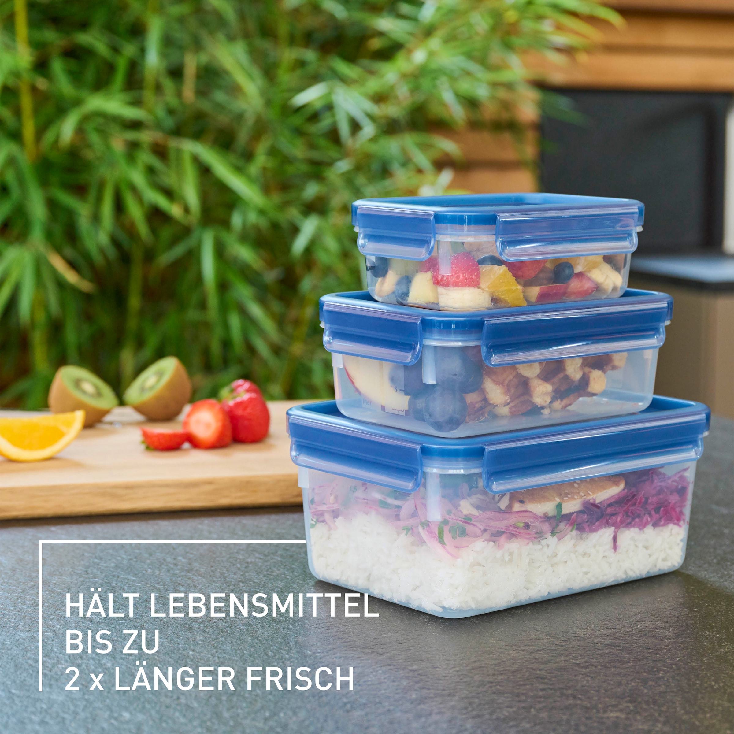 Emsa Frischhaltedose »Clip & Close Eco«, (Set, 3 tlg.), 0,55/1/2,2 l, 100% dicht, mikrowellen-/spülmaschinen-/gefriergeeignet