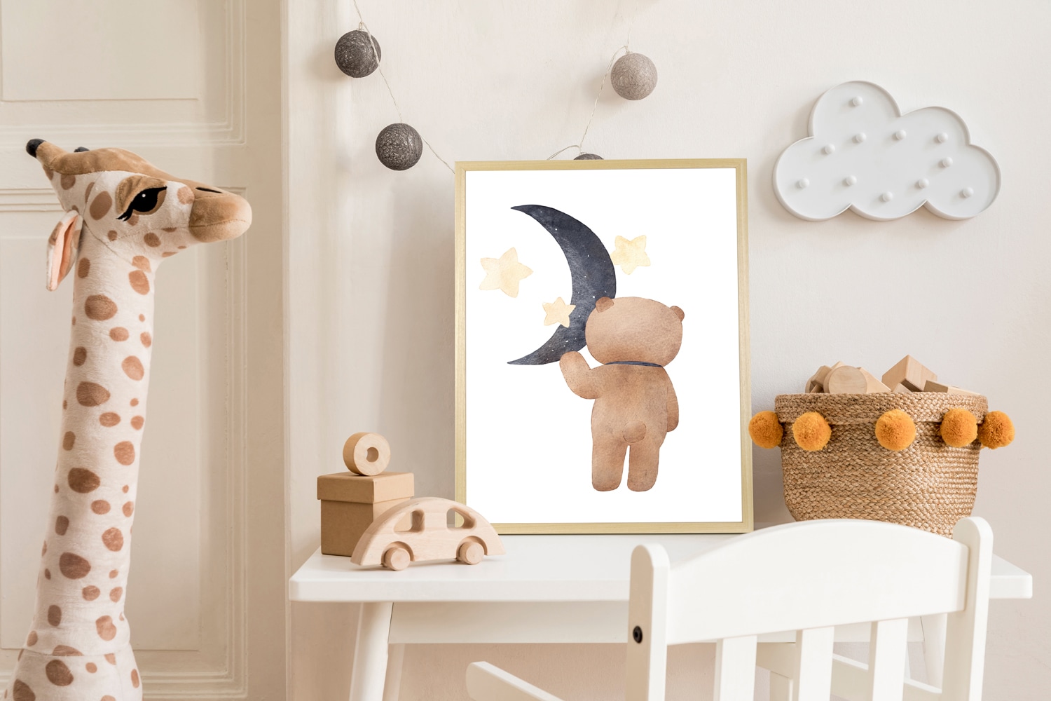 queence Bild mit Rahmen "Bär mit Halbmond" Bilder vom Sternenhimmel Bär Bären Stern Sterne Teddy Tiere 1 Stk. tlg. HD Premium Posterdruck mit Echtholzrahmen