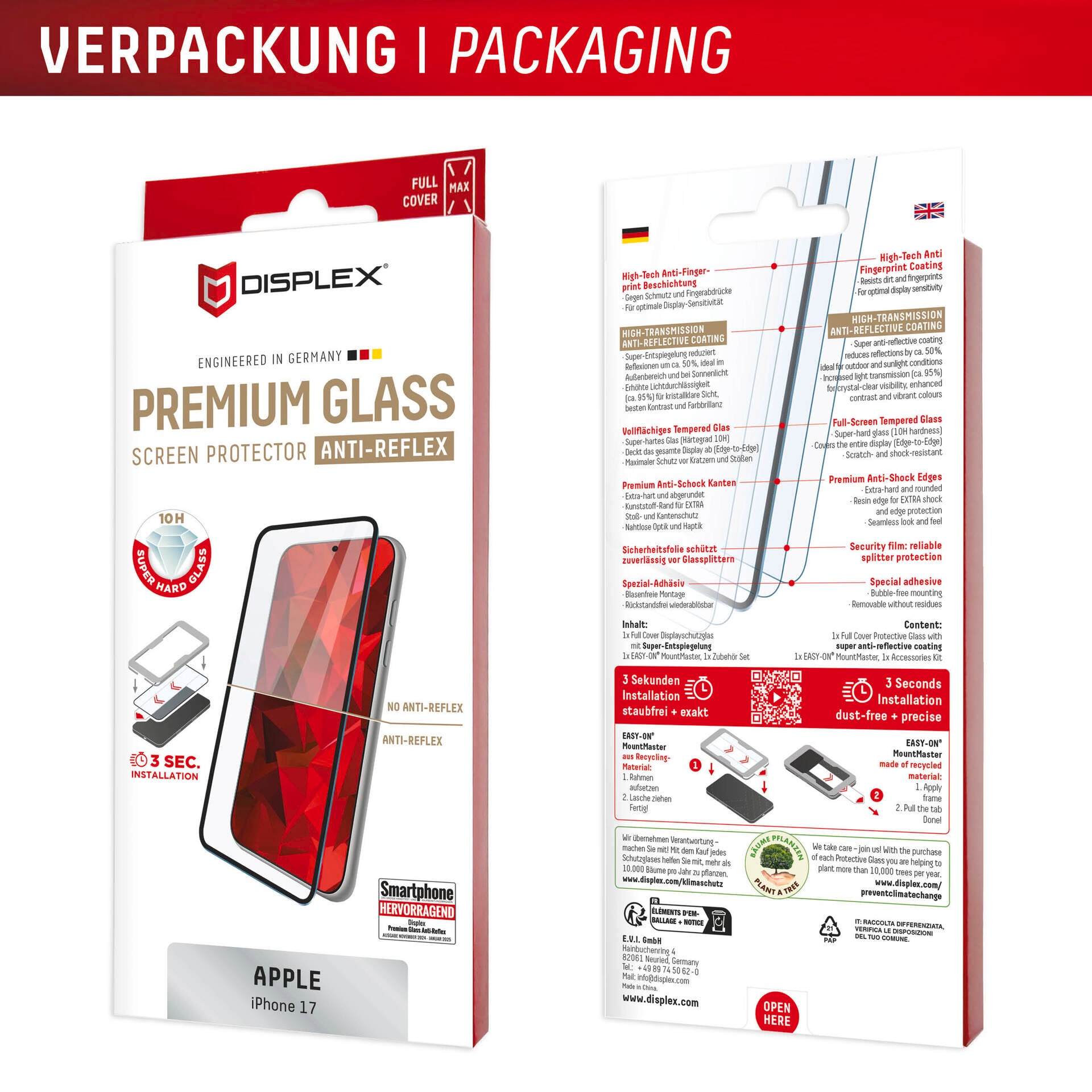 Displex Displayschutzglas »Premium Glass Screen Protector Anti-Reflex mit EASY-ON MountMaster« für Apple iPhone 17 Displayschutzfolie, Schutzfolie, Bildschirmschutz, kratz- & stoßfest