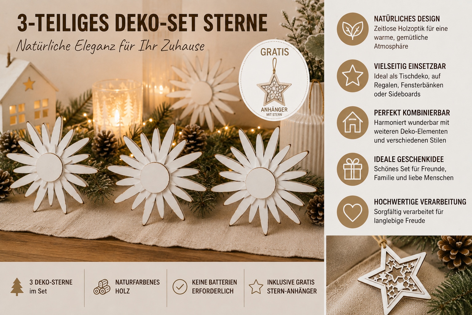 OTTO home Dekoobjekt »Stern Holzdekoration, 3-teiliges Set Farbe weiß« Gratis-Hänger, Höhe 5,5 cm