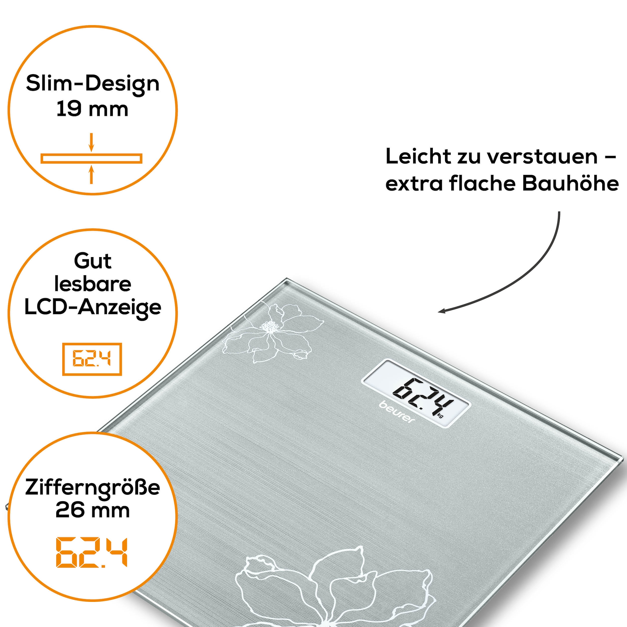 BEURER Personenwaage »GS 10 besonders flach mit nur 1,9 cm, Tragkraft bis 180 kg«, Wiegefläche aus Sicherheitsglas, mit Einschaltautomatik