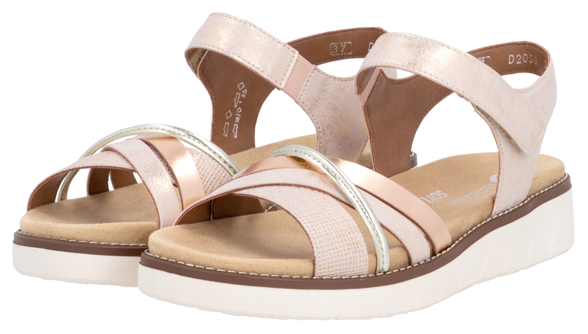 Riemchensandale REMONTE, Damen, Gr. 43, rosa (rosé, roségoldfarben, goldfarben), Lederimitat, metallic, Schuhe Riemchensandale, Keilabsatz, Sommerschuh, Sandalette mit herausnehmbarer Softeinlage, Topseller