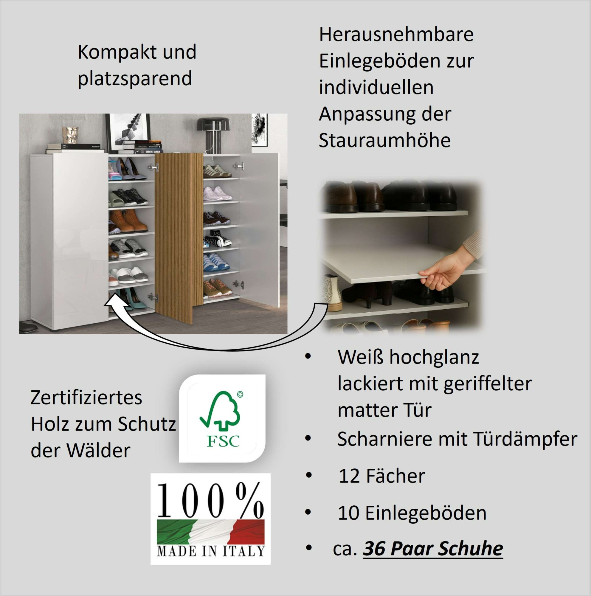 INOSIGN Schuhschrank »LADY, Schuhkommode,Schuhmöbel,Schuhablage,Schuhregal«, mit 10 Einlegeböden, 12 Fächer, Tür mit Rillenoptik, ca.36 paar Schuhe