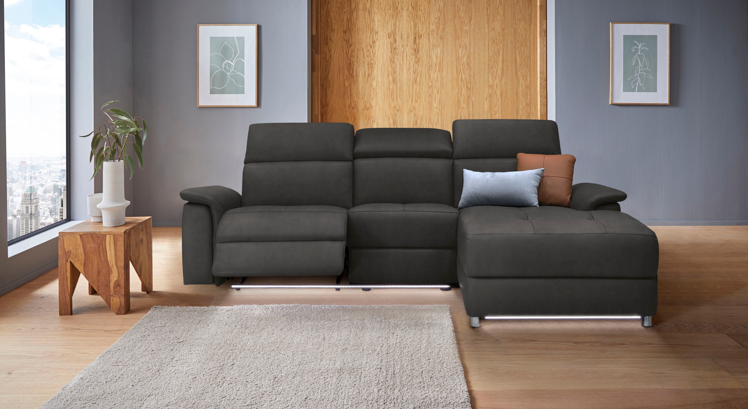 Places of Style Ecksofa »Pareli, L-Form, 259cm,m. Recamiere, Echtleder, Kunstleder, Webstoff«, man. o. elektr. Relaxfunktion, USB/Kopfteilverstellg u. LED