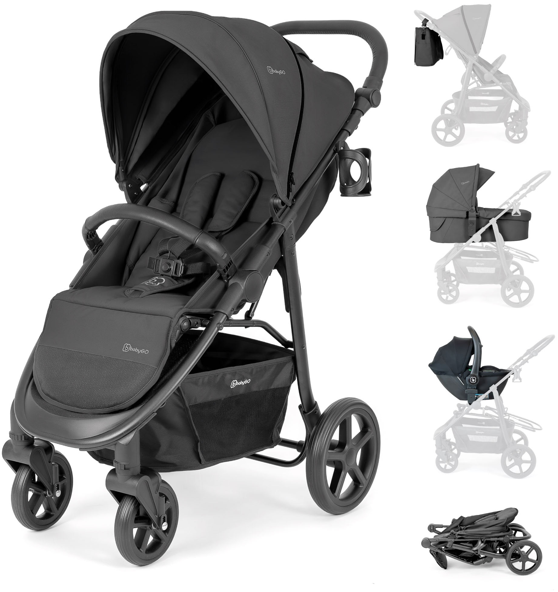 BabyGo Kombi-Kinderwagen "Evolution" 22 kg mit Babywanne, Babyschale, Wickeltasche und Sportsitz