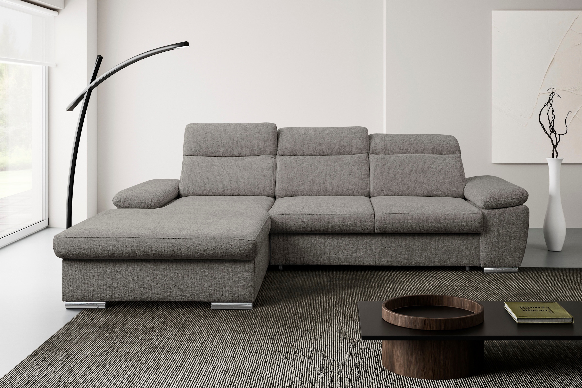 WERK2 Ecksofa "Palma 282 x 185 cm modern und bequem" Chenille, L-Form, XXL, Schlaffunktion, Bettkasten