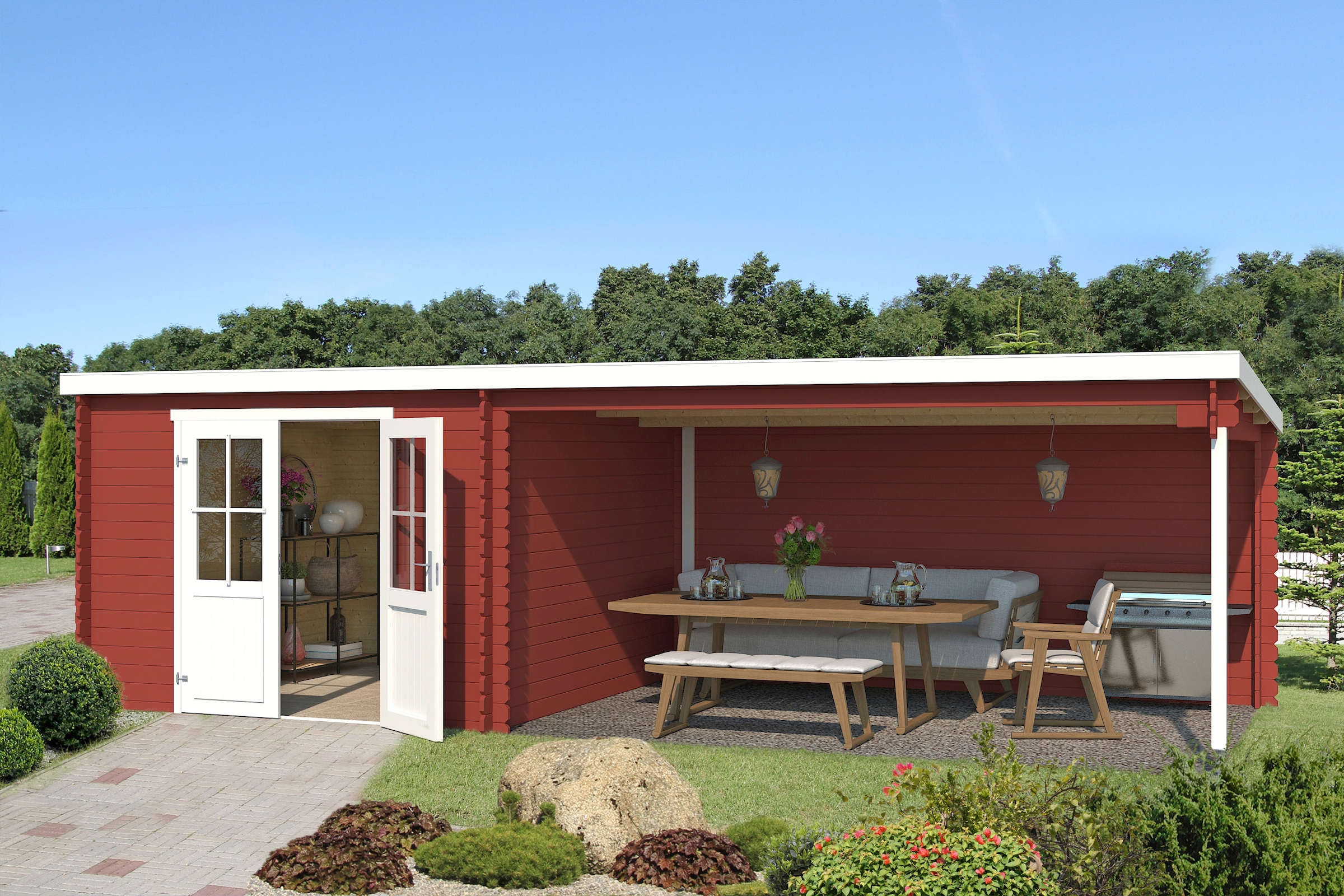 LASITA MAJA Gartenhaus "St. Louis" Blockbohlenhaus 28mm, mit Anbau