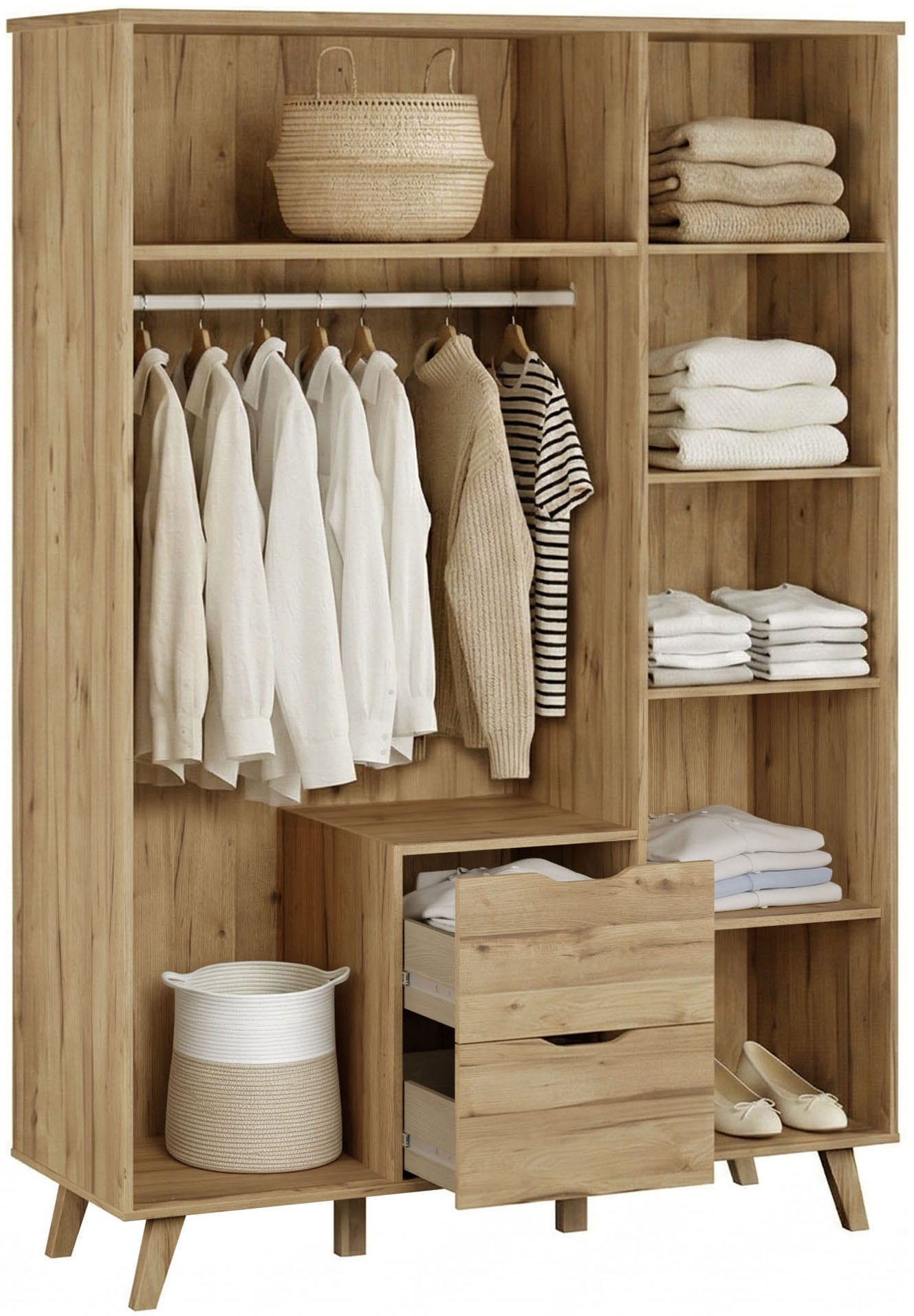 FORTE Drehtürenschrank »Vankka skandinavischer-Stil, viel Stauraum, ohne Griffe« B/H/T ca.140x200x52cm,  Made in Europe, mit Einlegeböden+Kleiderstange+Schubladen,grifflos