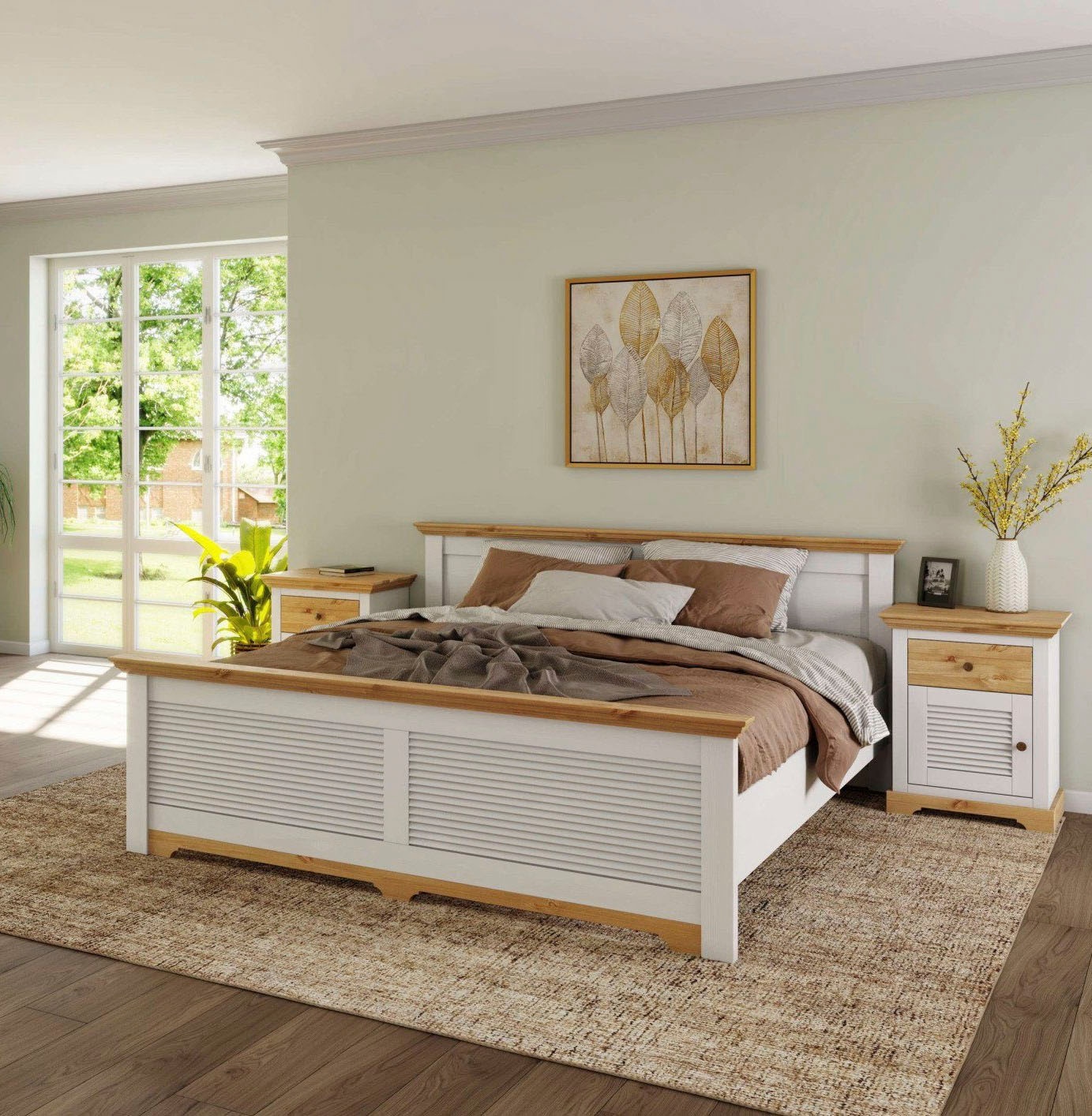 OTTO home Bett "Rauna, Landhausstil, edles Design mit Lamellen und Kassetten, 2 Farben" Breite/Belastbarkeit 180cm=220 KG, 90cm=120KG, FSC zertifiziertes Kieferholz, massive Qualität mit Lattenrost