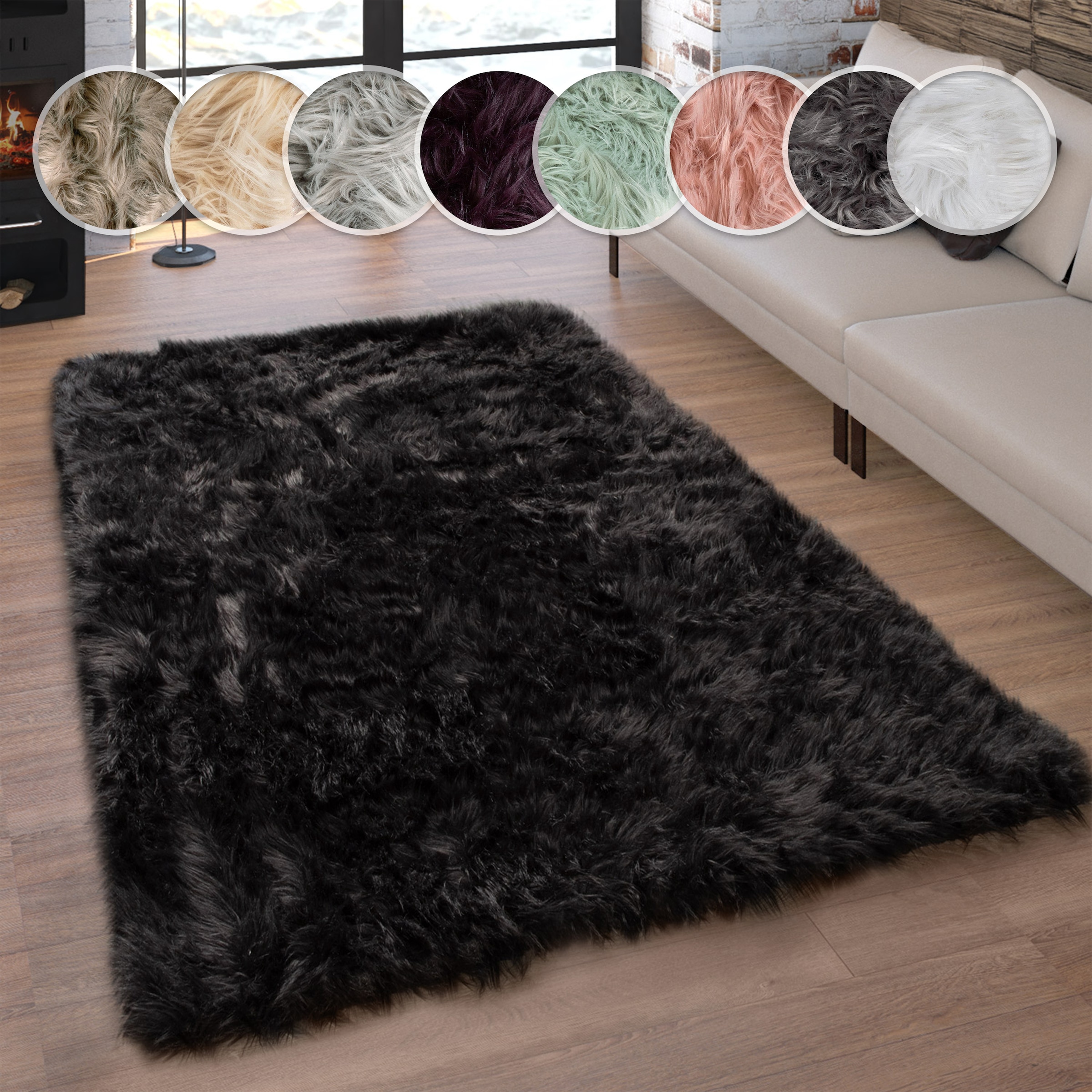 Fellteppich PACO HOME "Playa 960", schwarz, B:40cm H:64mm L:60cm, Polyester, Teppiche, Fellteppich, Kunstfell, Flokati-Optik, Hochflor, weich und flauschig, Uni-Farben
