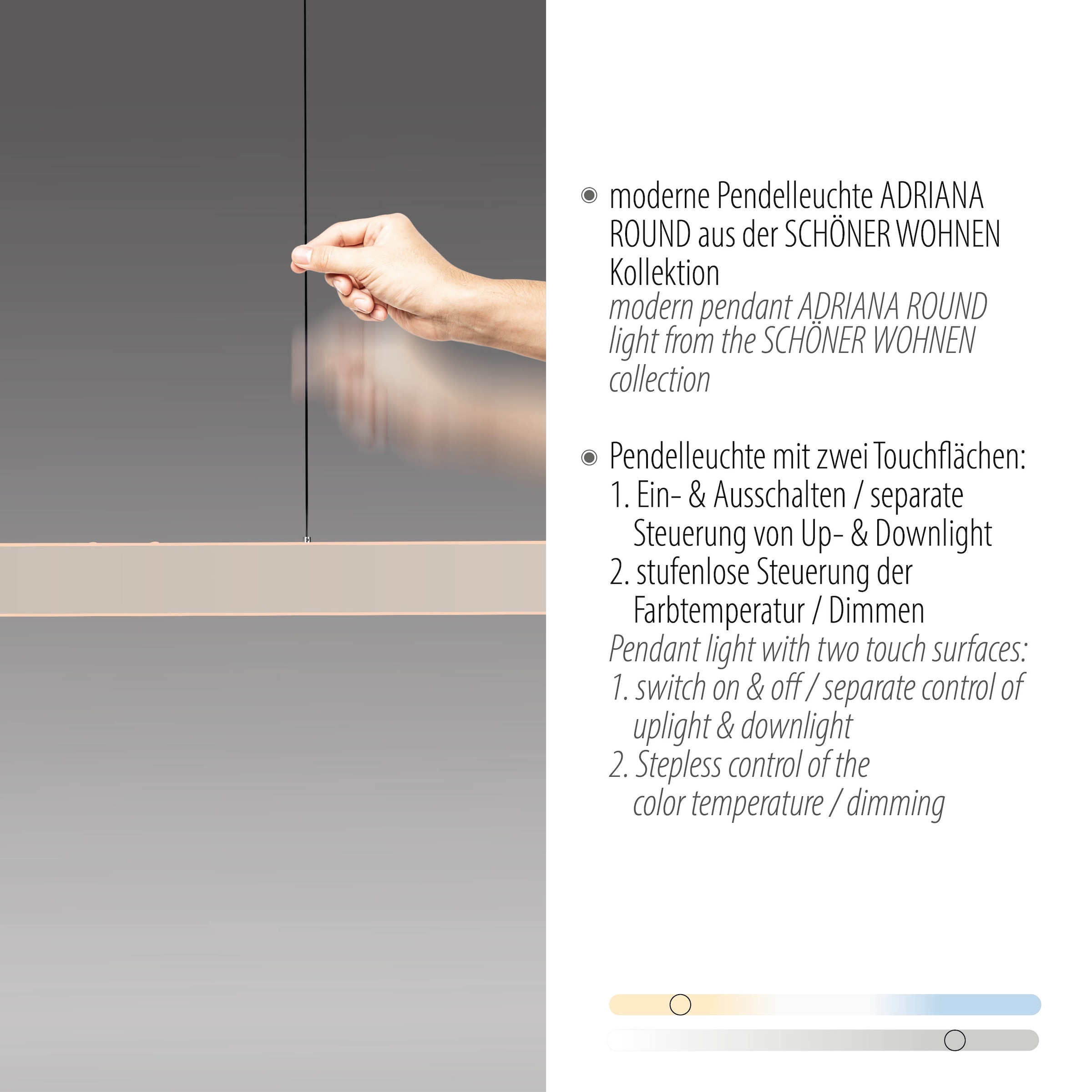 SCHÖNER WOHNEN-Kollektion LED Pendelleuchte »ADRIANA ROUND« LED-Board 1 Stk. warmweiß - kaltweiß SCHÖNER WOHNEN Kollektion, Touchdimmer, Comfort-Lift, Memoryfunktion