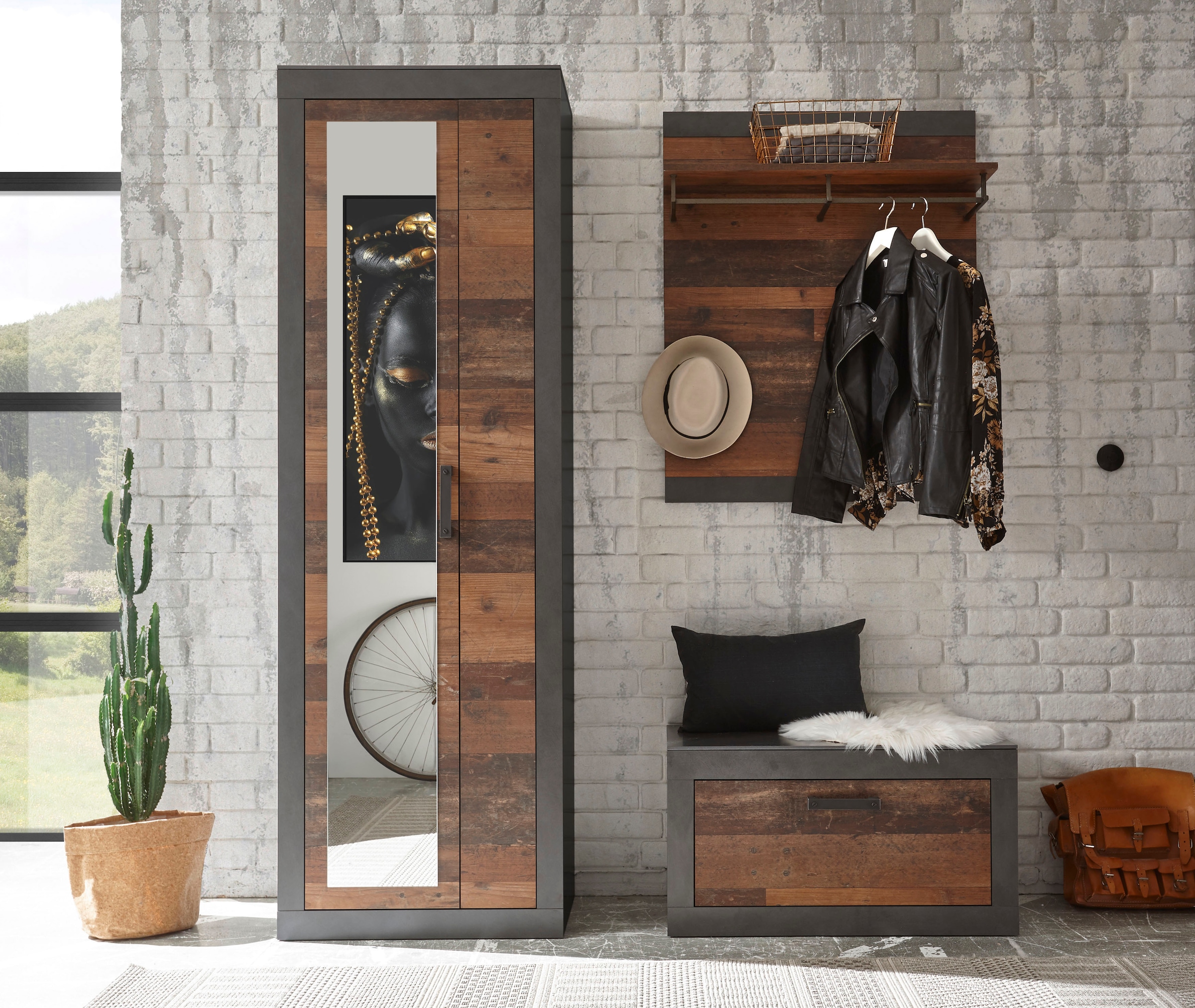Home affaire Garderoben-Set »BROOKLYN«, (Komplett-Set, bestehend aus  Garderobenschrank mit Spiegel, Garderobenbank und) kaufen | BAUR