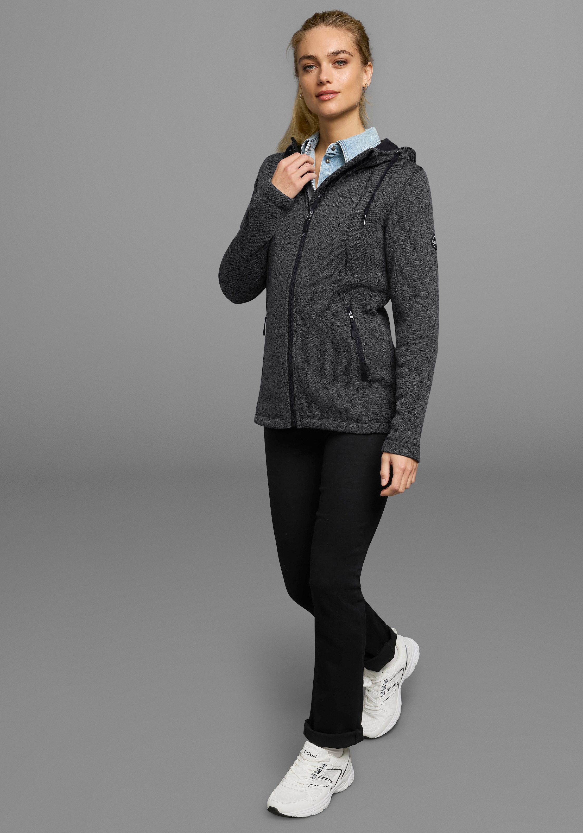 Polarino Strickfleecejacke, mit Kapuze, für kalte Tage, aus Strickfleece, sportlicher Stil