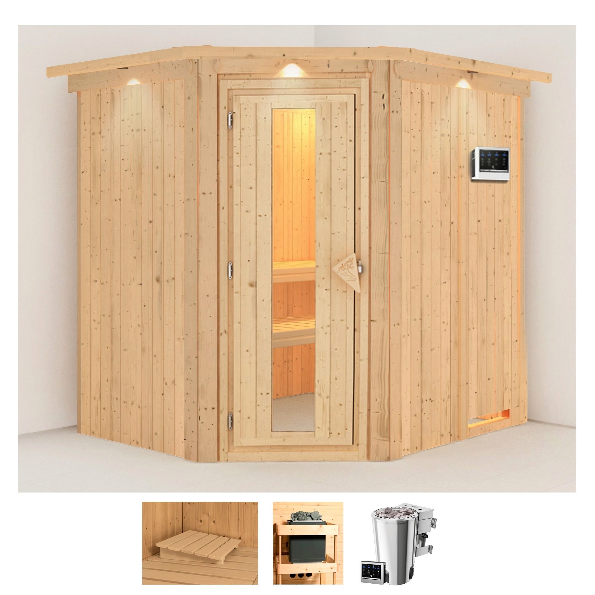 KARIBU Sauna "Laila", Bio-Kombiofen, externe Steuerung, 3,6 kW, beige, Saunen, Ofen 3,6 kW Bio-Ofen externe Strg. easy