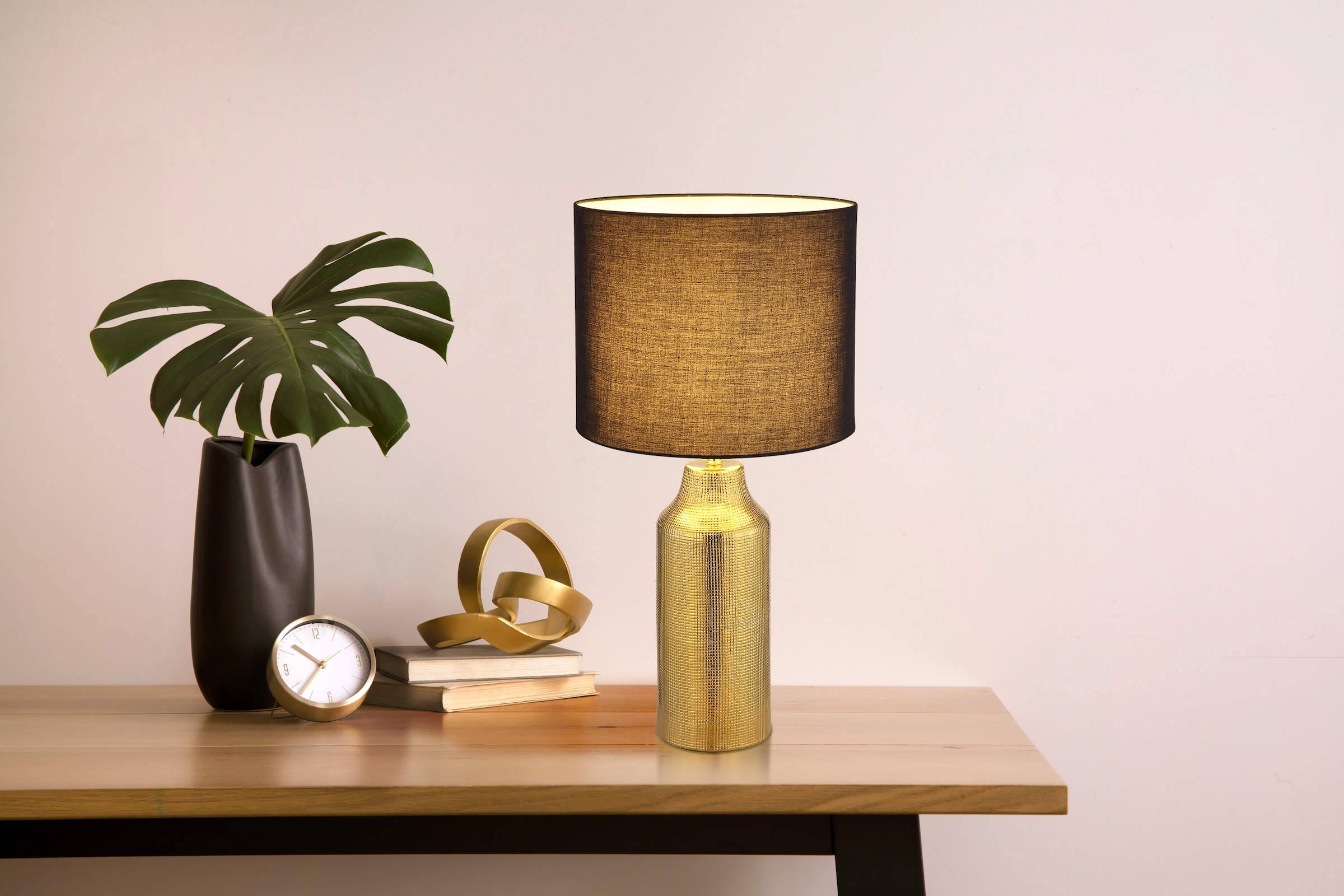 GLOBO LIGHTING Tischleuchte »ELDEN«, Leuchtmittel E27 | ohne Leuchtmittel, Tischlampe/Keramik/goldfarben/Textil schwarz/Wohnzimmer/Schlafzimmer