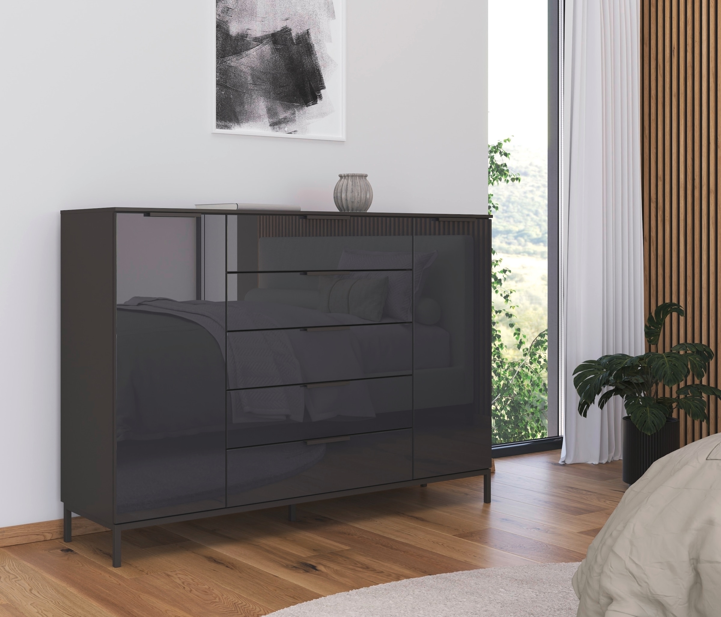 rauch Schubkastenkommode »Kommode Türkommode Sideboard Kombikommode FLIPP mit Glasfront«, (Breite 160/180 cm mit 4 Einlegeböden), 2-trg mit 5 Schubladen und Soft-Close-Funktion, Glasfront, 2 Breiten