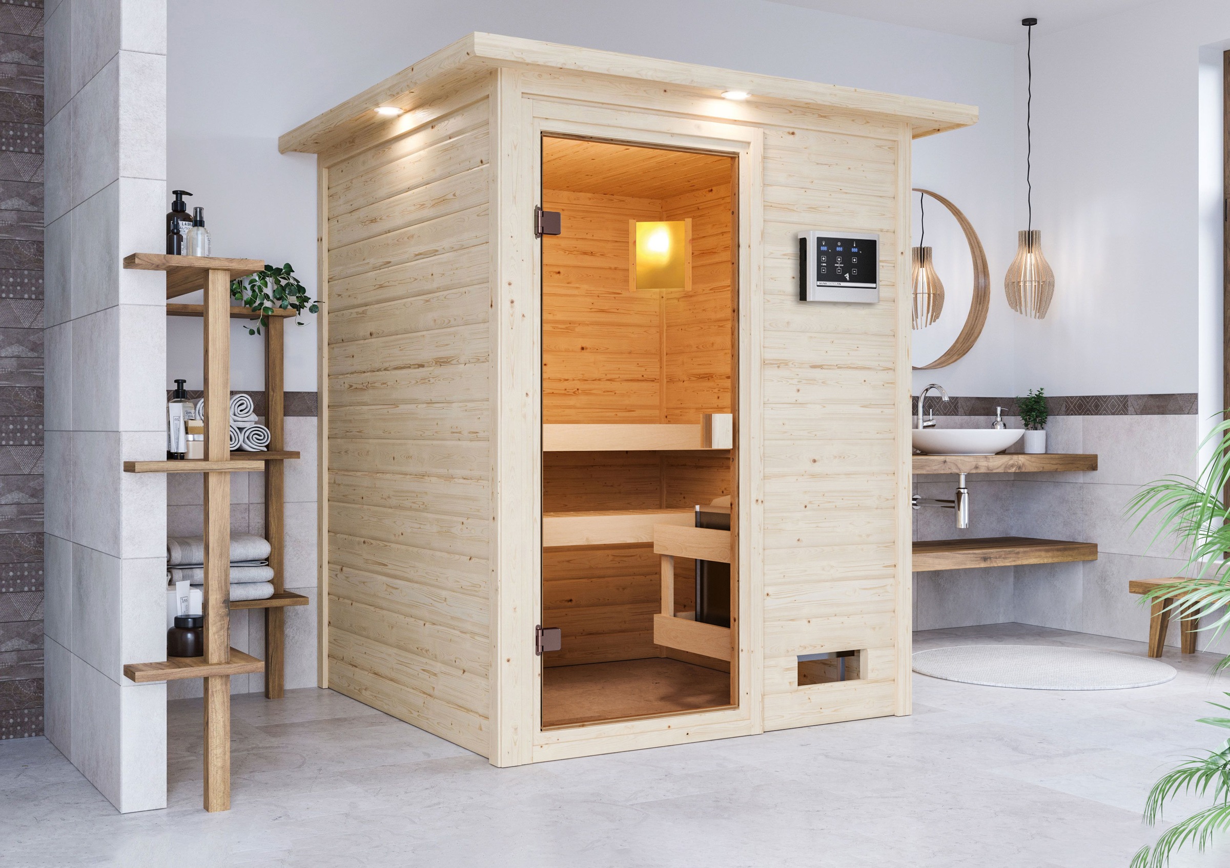 Karibu Sauna ""Sandy" mit bronzierter Tür und Kranz, Ofen 9 kW, naturbelassen" aus hochwertiger nordischer Fichte und 9 kW Ofen mit integr. Steuerung