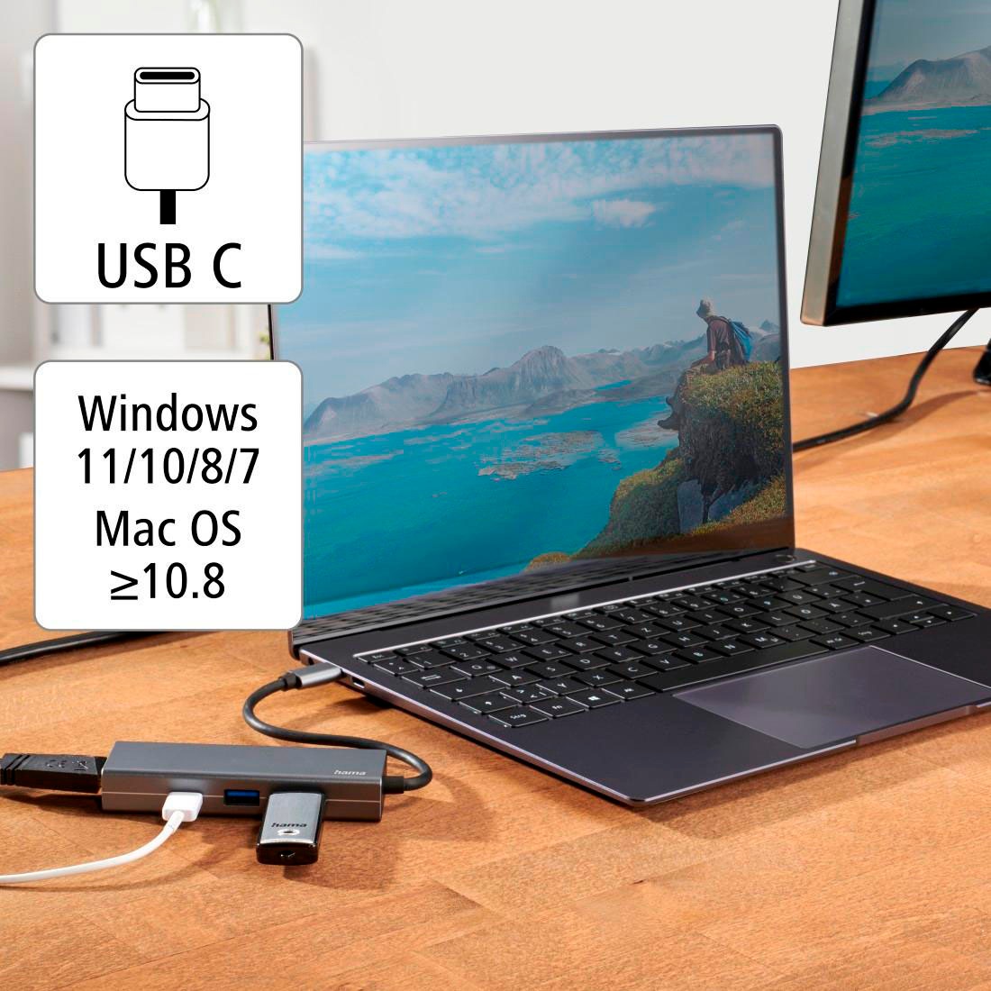 Hama USB-Adapter »USB-C Multiport Hub für Laptop mit 4 Ports, USB-A, USB-C, HDMI« USB-C zu HDMI | USB Typ A | USB-C 15 cm Laptop Dockingstation, kompakt, robustes Gehäuse, silberfarben