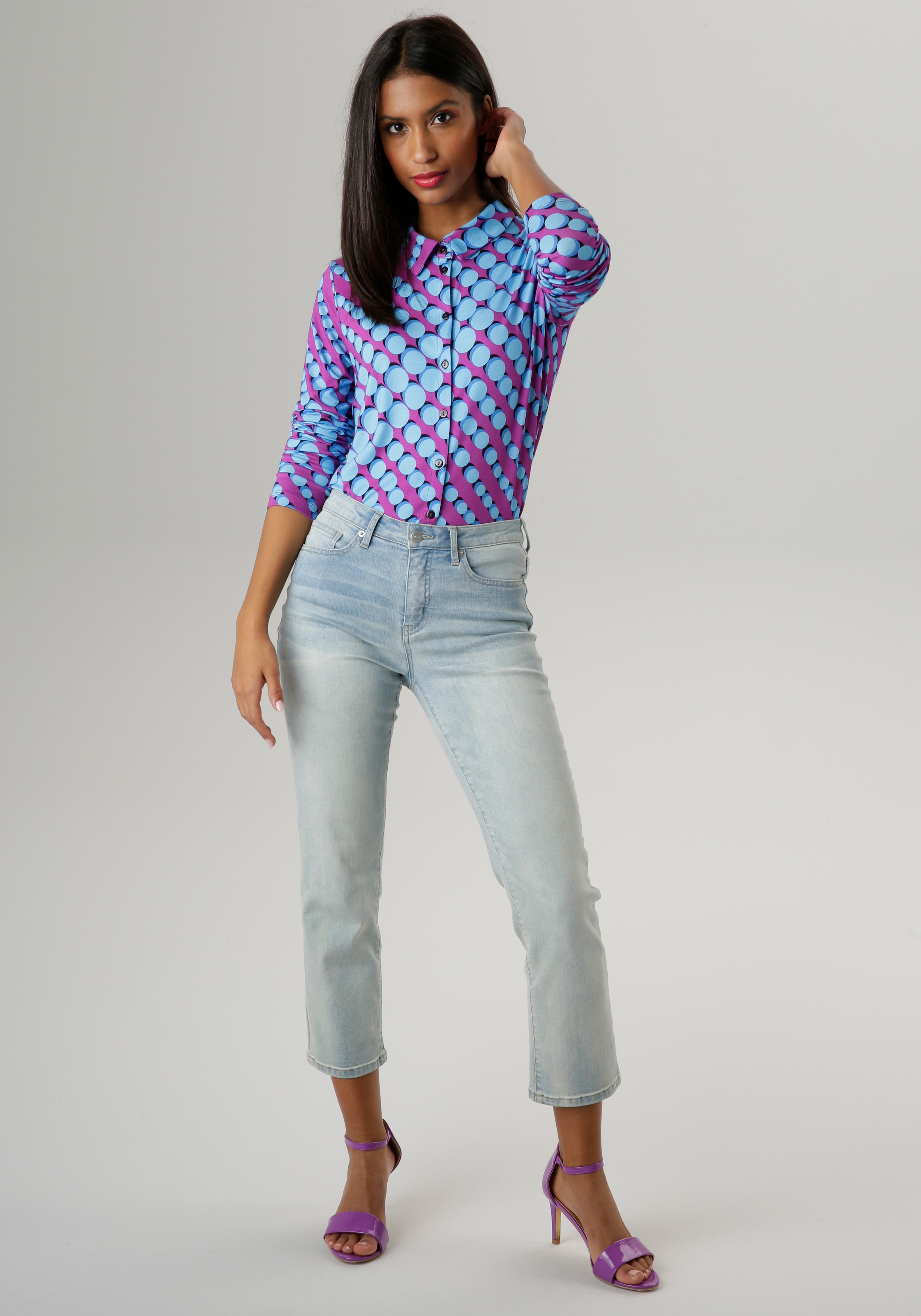 Aniston SELECTED Hemdbluse, retro Jersey, aus kaufen Punktedruck NEUE - mit | KOLLEKTION BAUR elastischem