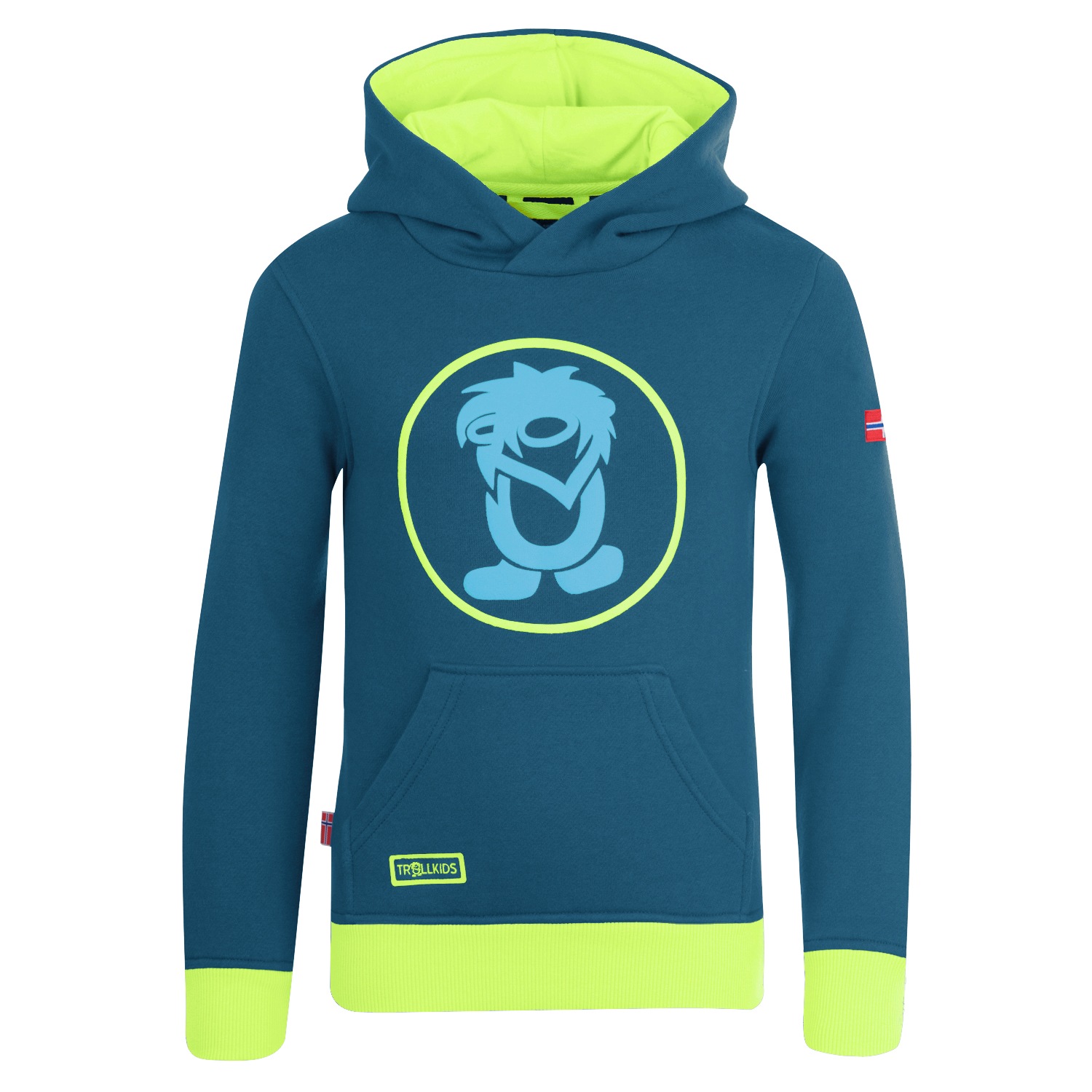 Kapuzensweatshirt TROLLKIDS "KIDS TROLL SWEATER", Mädchen, Gr. 110, petrol, lime, Jersey, Obermaterial: 80% Baumwolle, 20% Polyester, Sweatshirts