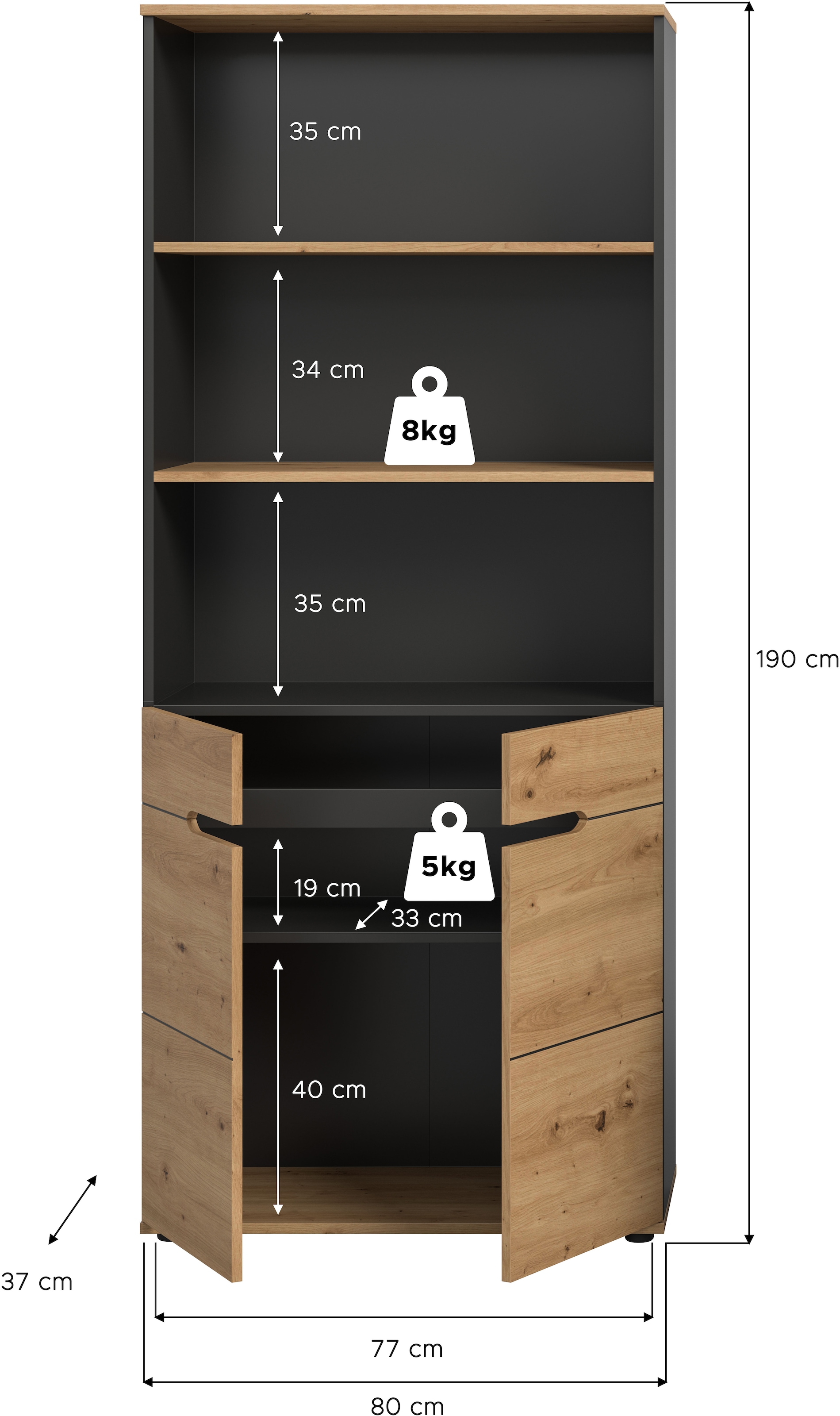 Home affaire Aktenschrank »REHAT, Büroschrank« bietet viel Stauraum für ca. 35 Aktenordner,  5 Fächer, 3 feste & 1 variabler Boden, Höhe: 190cm, Breite: 80cm