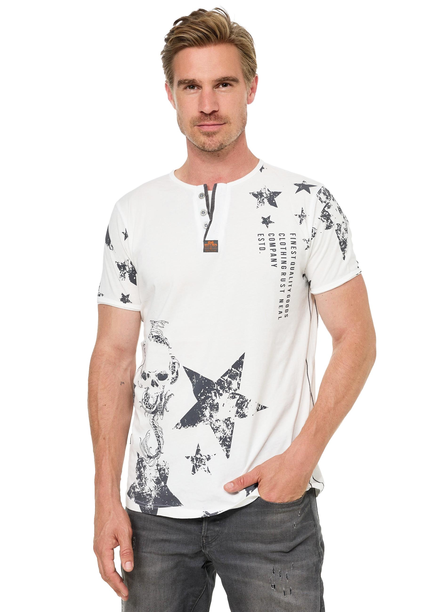 Rusty Neal T-Shirt, mit Skull-Print und Knopleiste