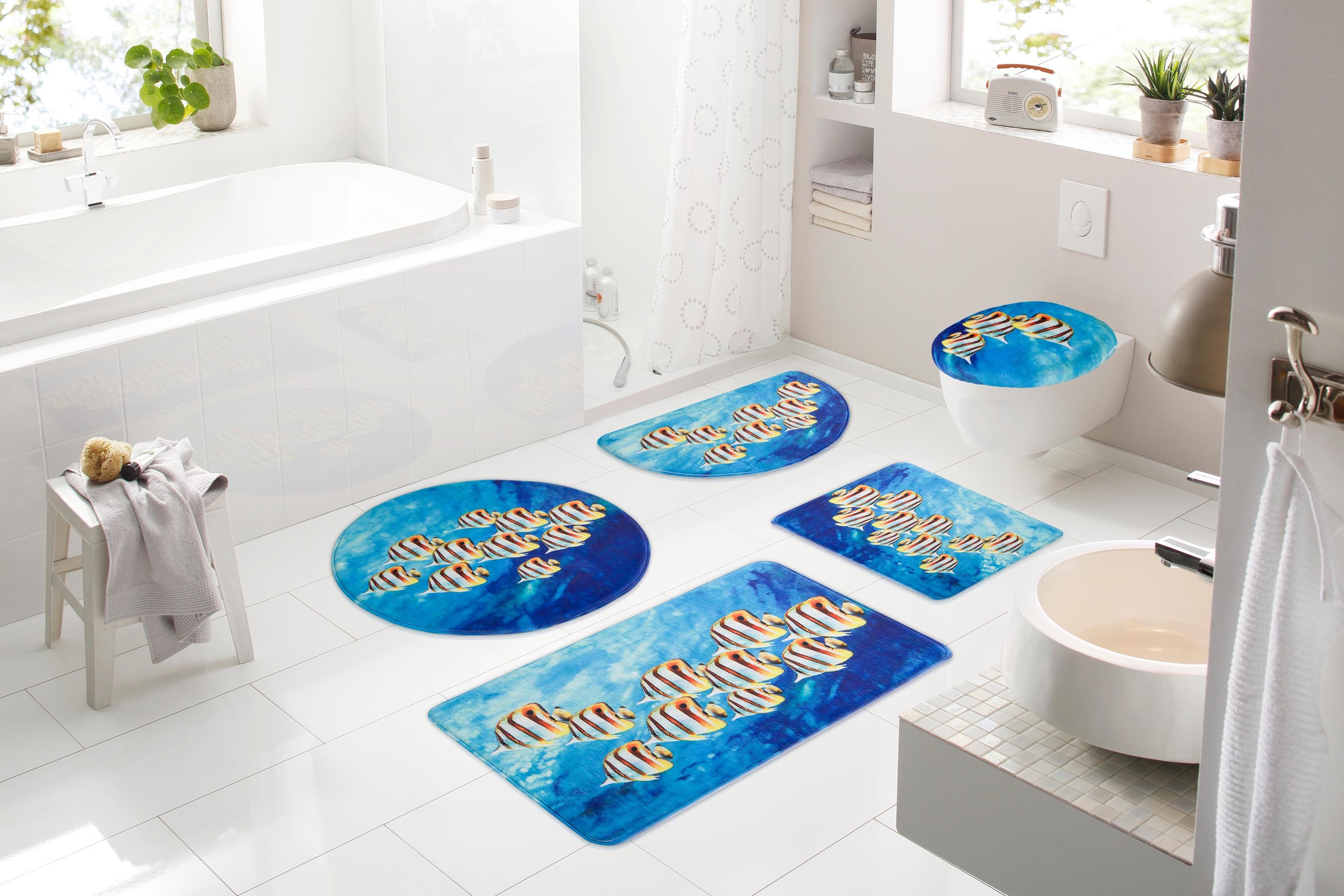 my home Badematte »Fabius«, Memory Schaum-rutschhemmend beschichtet, fußbodenheizungsgeeignet-schnell trocknend-strapazierfähig, Fotodruck mit Fischen, Badematten als 3 teiliges Set erhältlich
