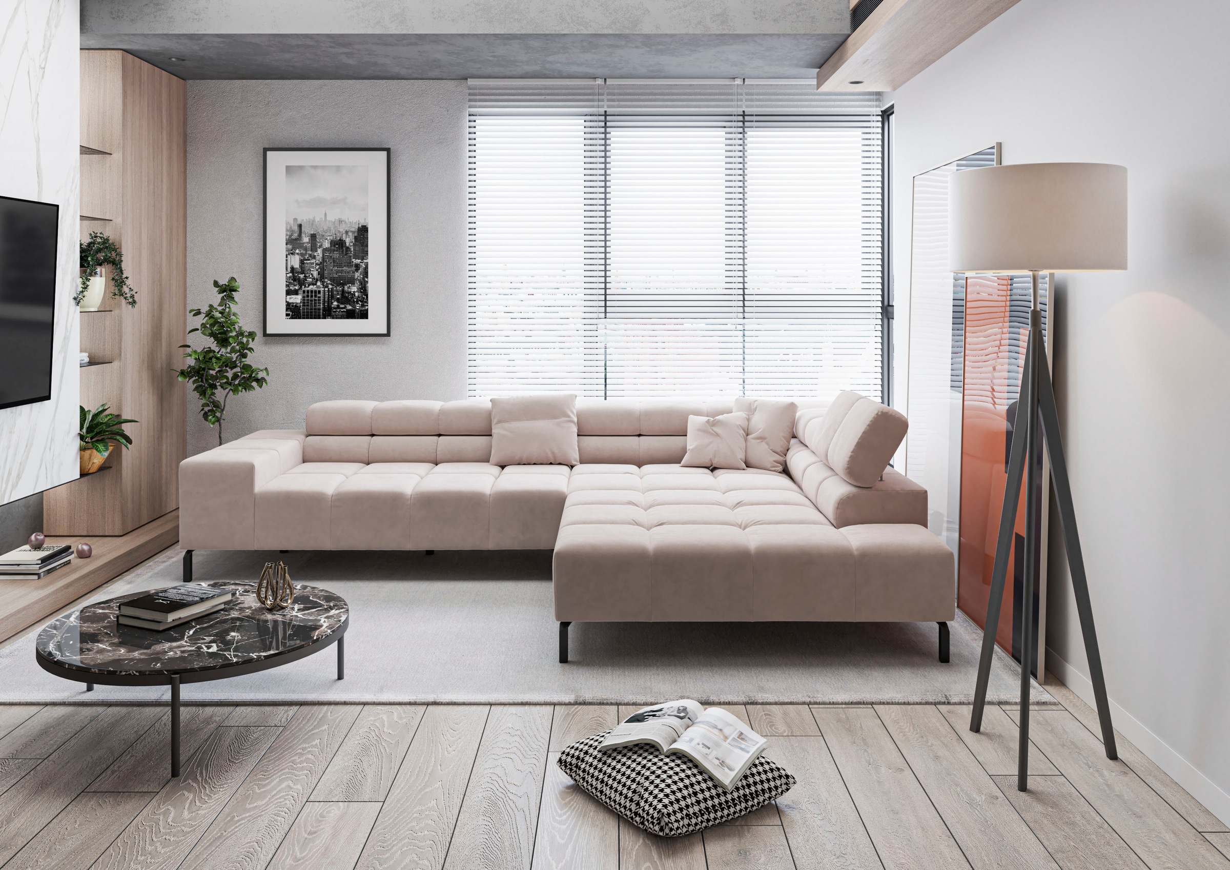 INOSIGN Ecksofa »Ancona New, wahlweise motorische Sitztiefenverstellung, auch in Cord«, feine Steppung, mit Kopfteilverstellung, 3 Zierkissen, L-Form