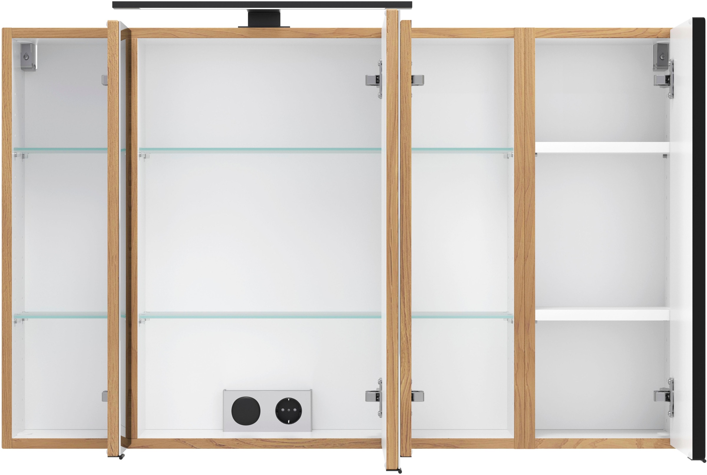 welltime Spiegelschrank »MAILAND, gedämpfte Scharniere, LED-Aufbauleuchte« Maße (B/H/T): ca. 105/64/20 cm,  Wildeiche/matt schwarz, LED-Aufbauleuchte, gedämpfte Scharniere
