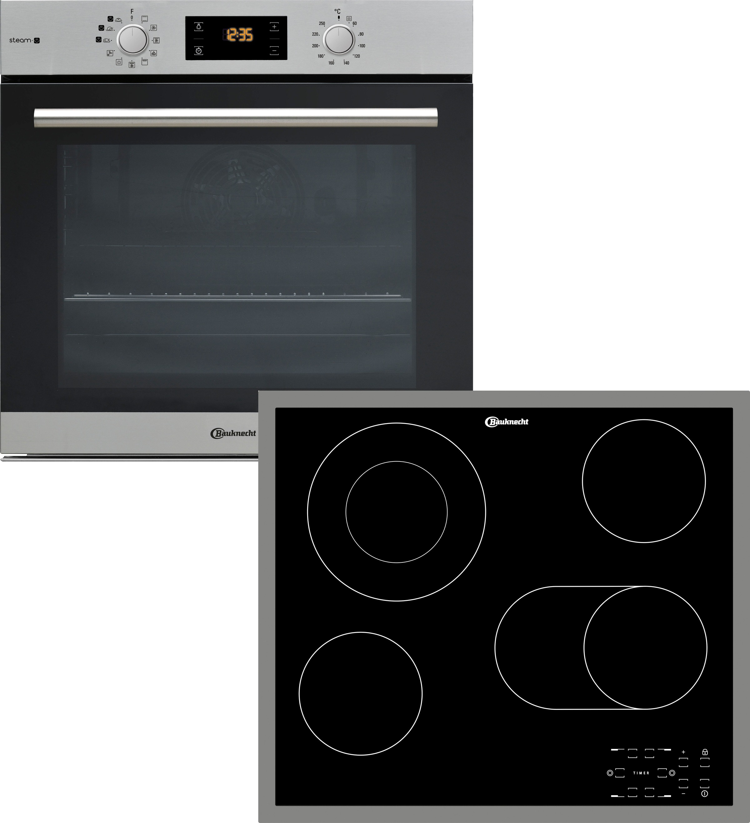 BAUKNECHT Backofen-Set "BAKO 700 STEAM", grau, Herdsets, Dampffunktion, PowerHeißluft, Pizzafunktion, 2-fach-Teleskopauszug