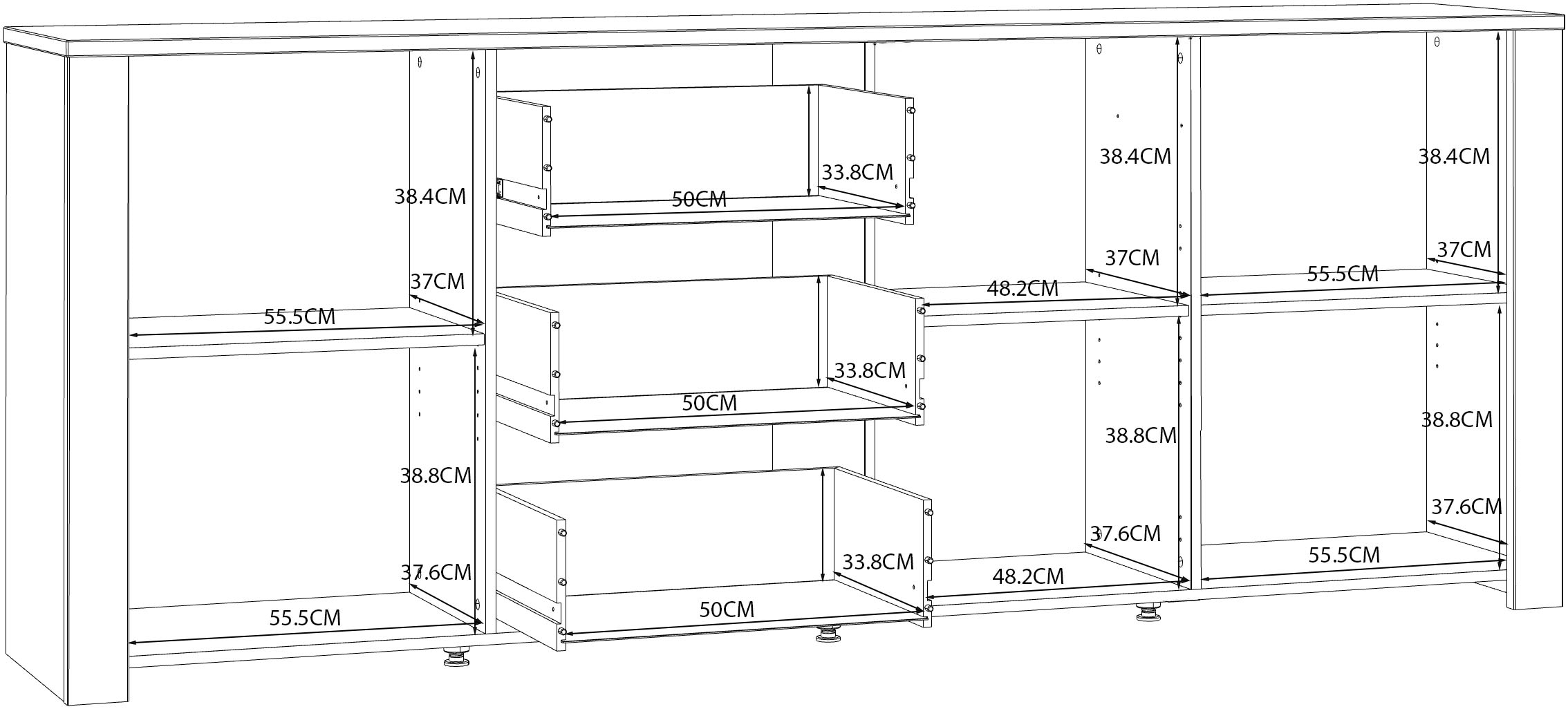 FORTE Sideboard »Bohol, großes Sideboard,Breite 2,20 mtr. Soft-Close, Stauraum« B/H/T 220,8/87/42cm, 3 Türen, 3 SK