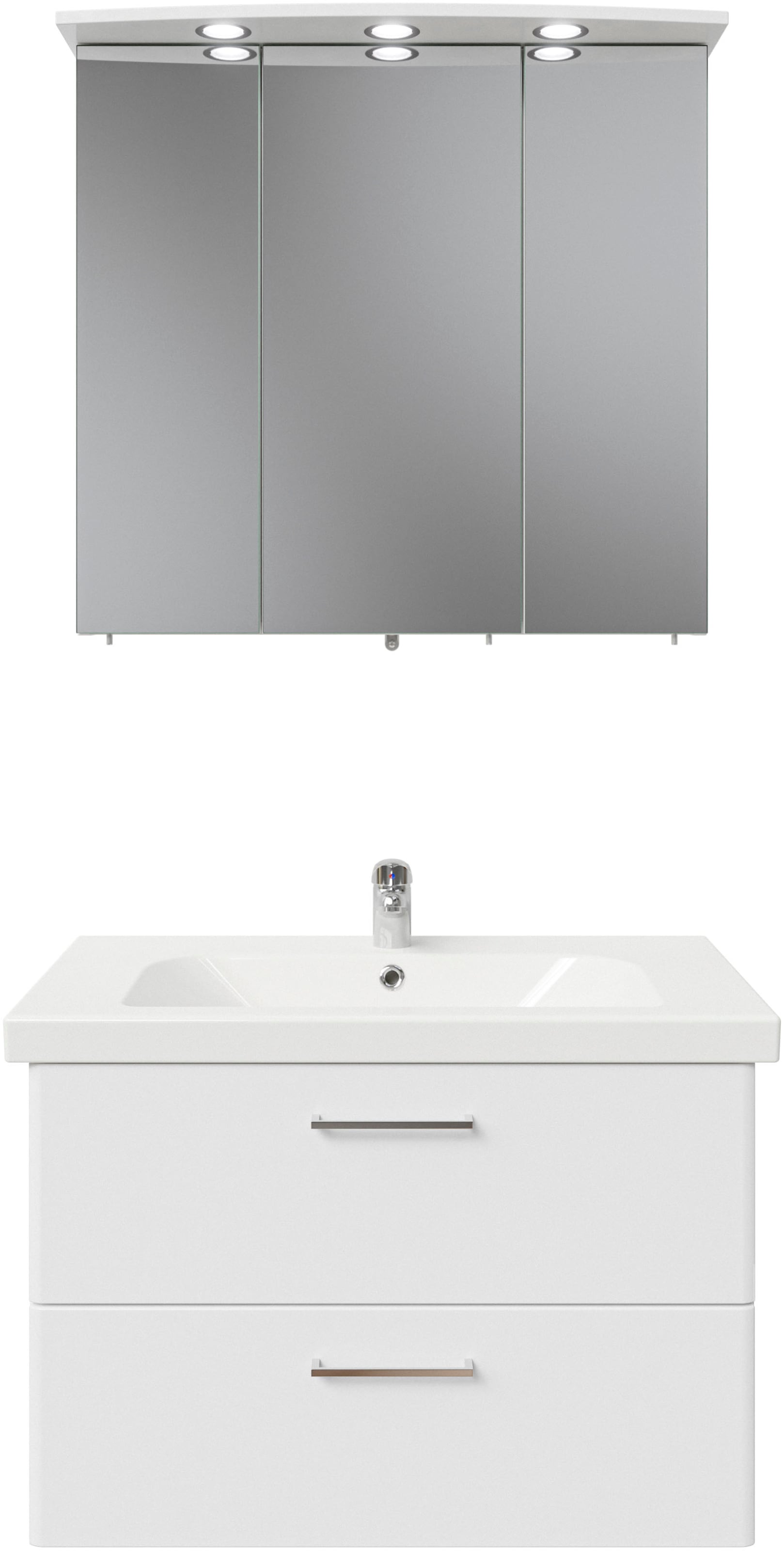 Saphir Badmöbel-Set »Quickset 316 2-teilig, Keramikwaschtisch mit LED-Spiegelschrank«, (2 St.), Waschplatz 82cm breit, 3 Türen, 1 Schublade, 1 Klappe, inkl Türdämpfer