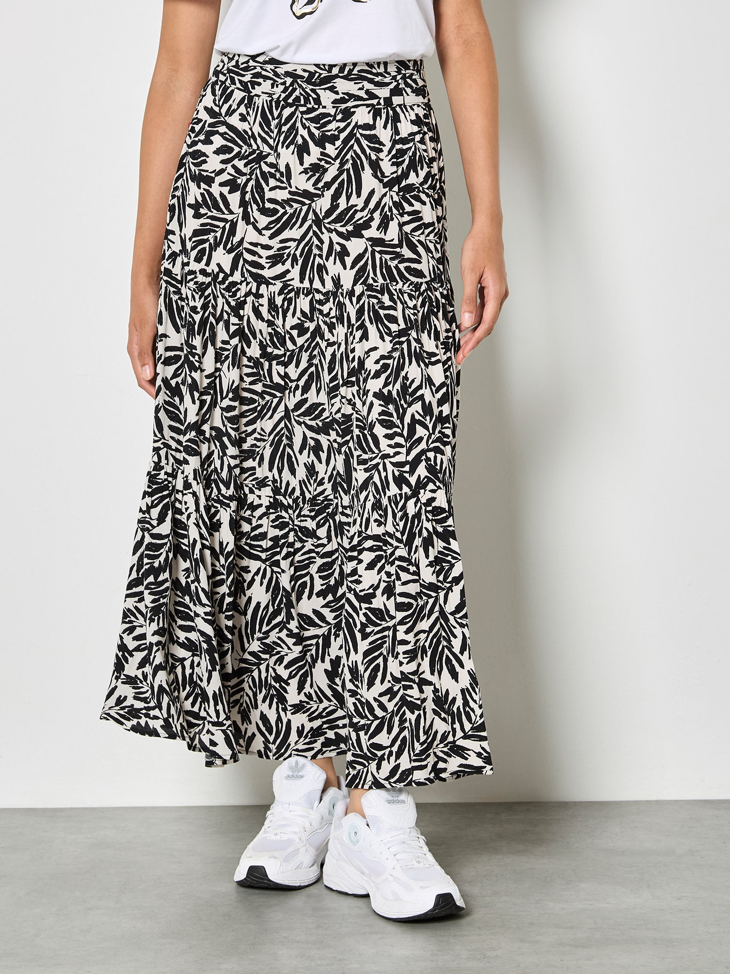 Apricot Midirock "Midi-Rock" mit Blattprint und Stufen
