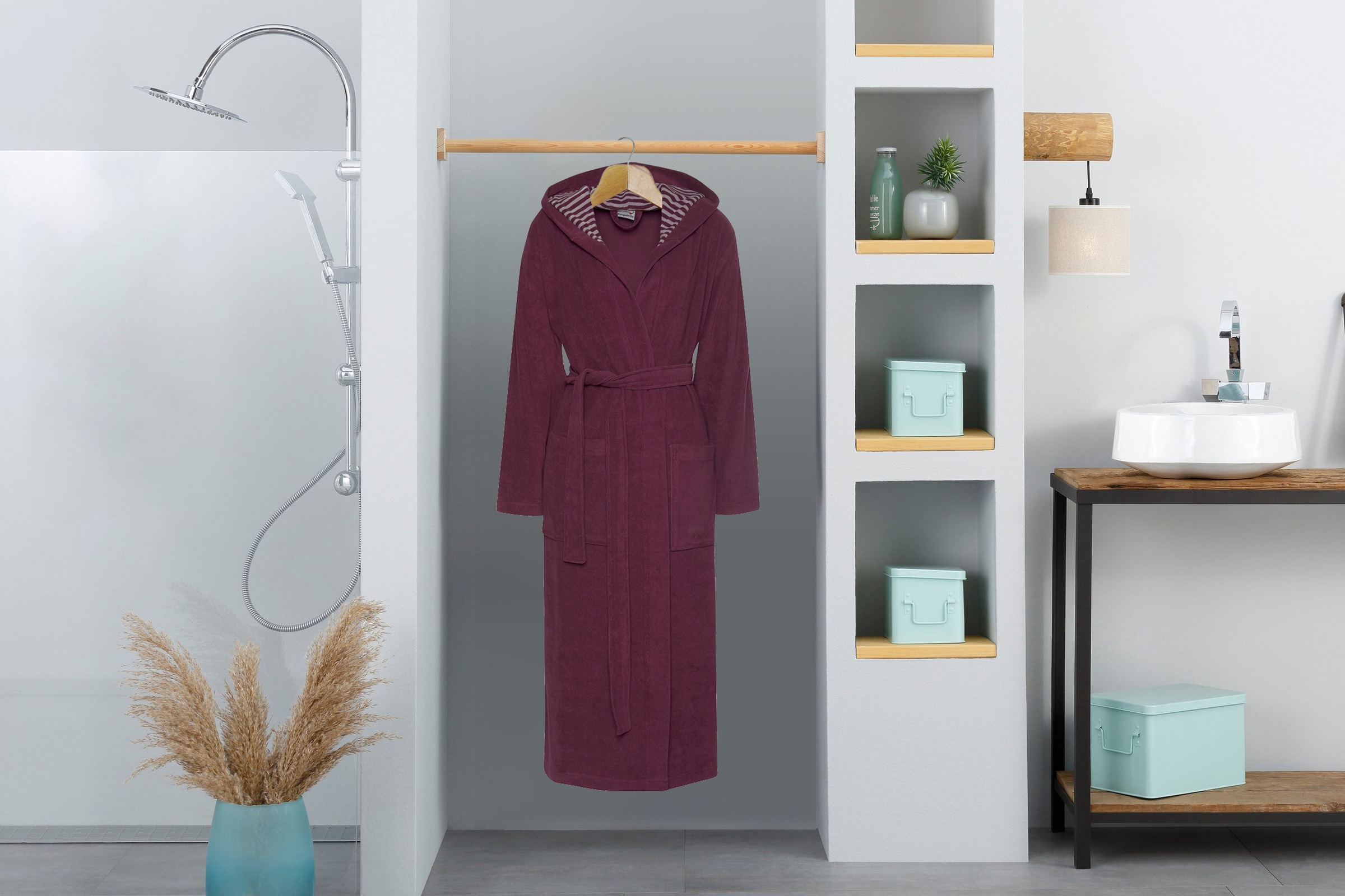 KangaROOS Damenbademantel »Dalia, ideal für Sauna & Spa, Standardlänge & Überlänge«, (1 St.), Uni-Farben mit Streifen, mit Taschen, XS-3XL, auch in extra lang