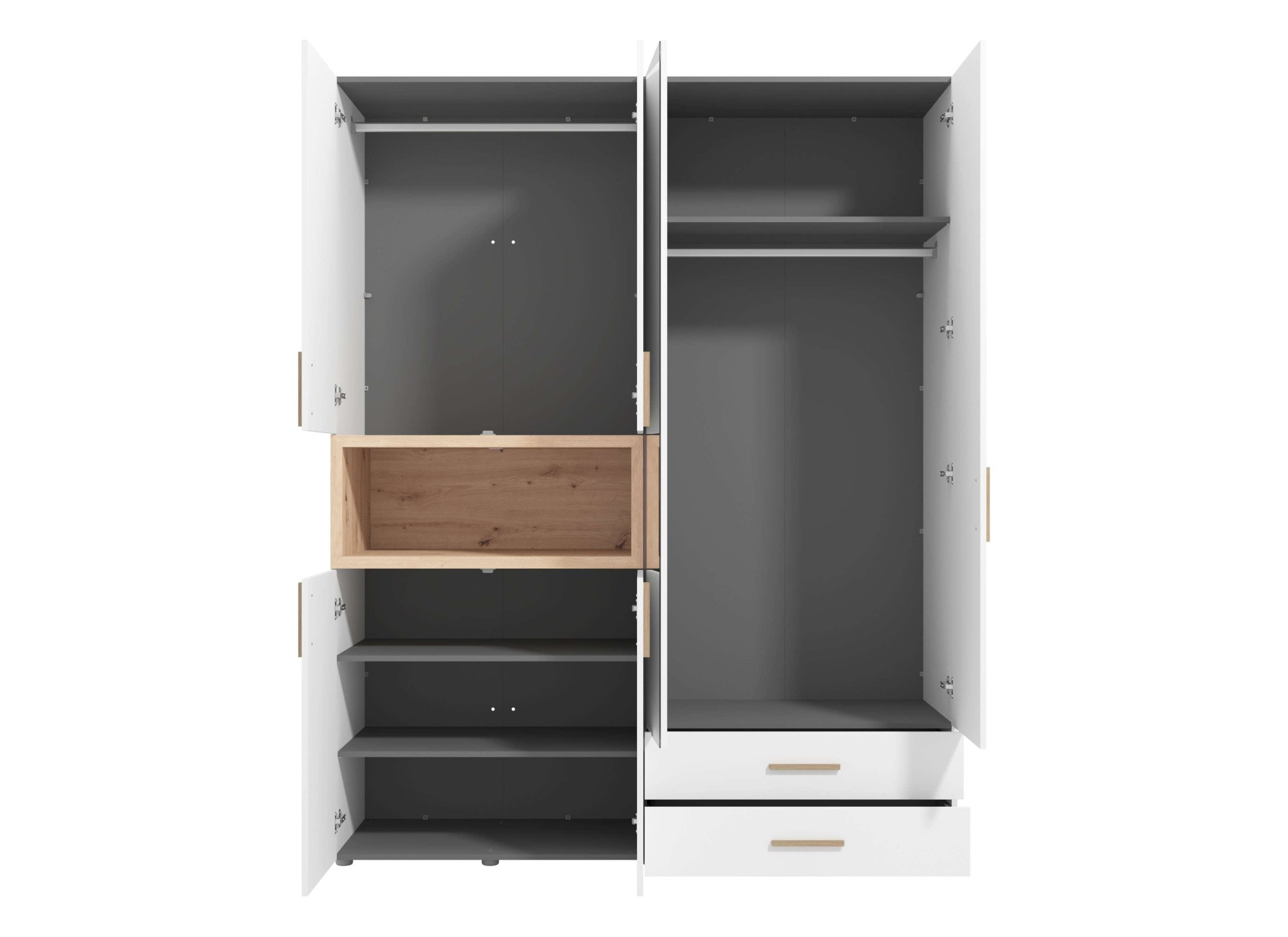 INOSIGN Kleiderschrank »Donald, inklusive Kleiderstangen und Einlegeböden, FSC-zertifiziert«, (134,5 oder 179cm breit, 227cm hoch und 56,5cm tief), In 2 Breiten, mit Spiegel und Schubladen, 1 offenes Fach in Holzoptik