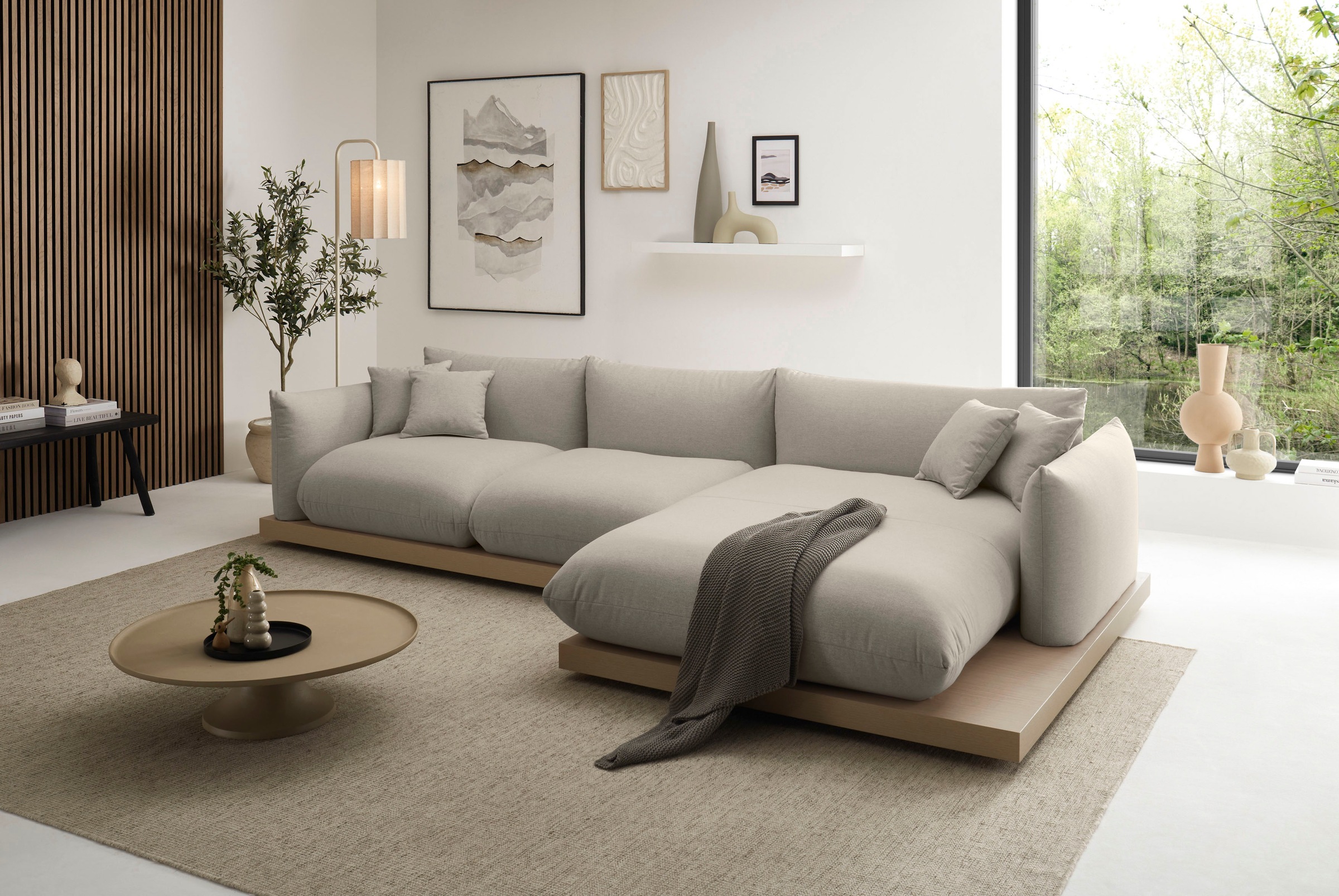 OTTO home Ecksofa »Kalix, Polsterecke mit kräftigem Holz-Plateau, moderne Couch in L-Form«, wahlweise Recamiere links o. rechts, Strukturstoff, hoher Sitzkomfort