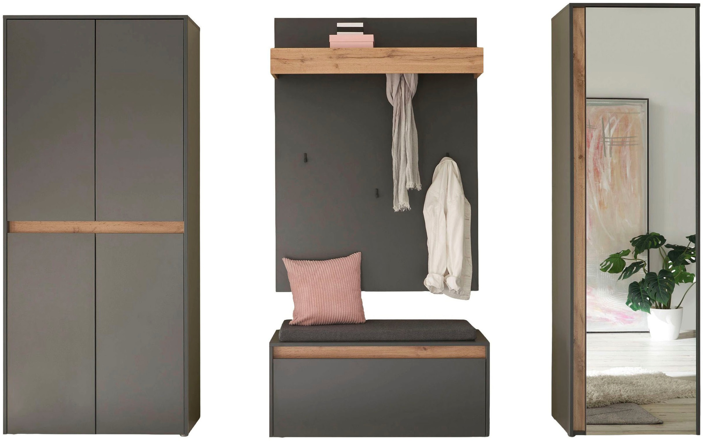 INOSIGN Garderoben-Set »City/Giron, moderne Garderobe, viel Stauraum, ca. 40 Schuhe«, (Set, 4 St.), enthält Schrank mit Spiegel, Schuhschrank, Paneel &Bank inkl. Kissen